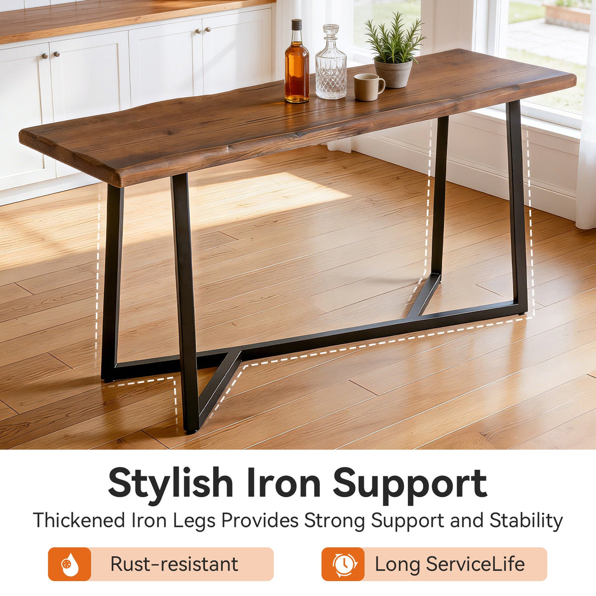 63-Inch Solid Wood Bar Table with Metal Frame, Counter Height Pub Table for Kitchen
