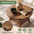 31.5 Inch Solid Wood Round Coffee Table with 2-Tier Storage, Living Room Center Table