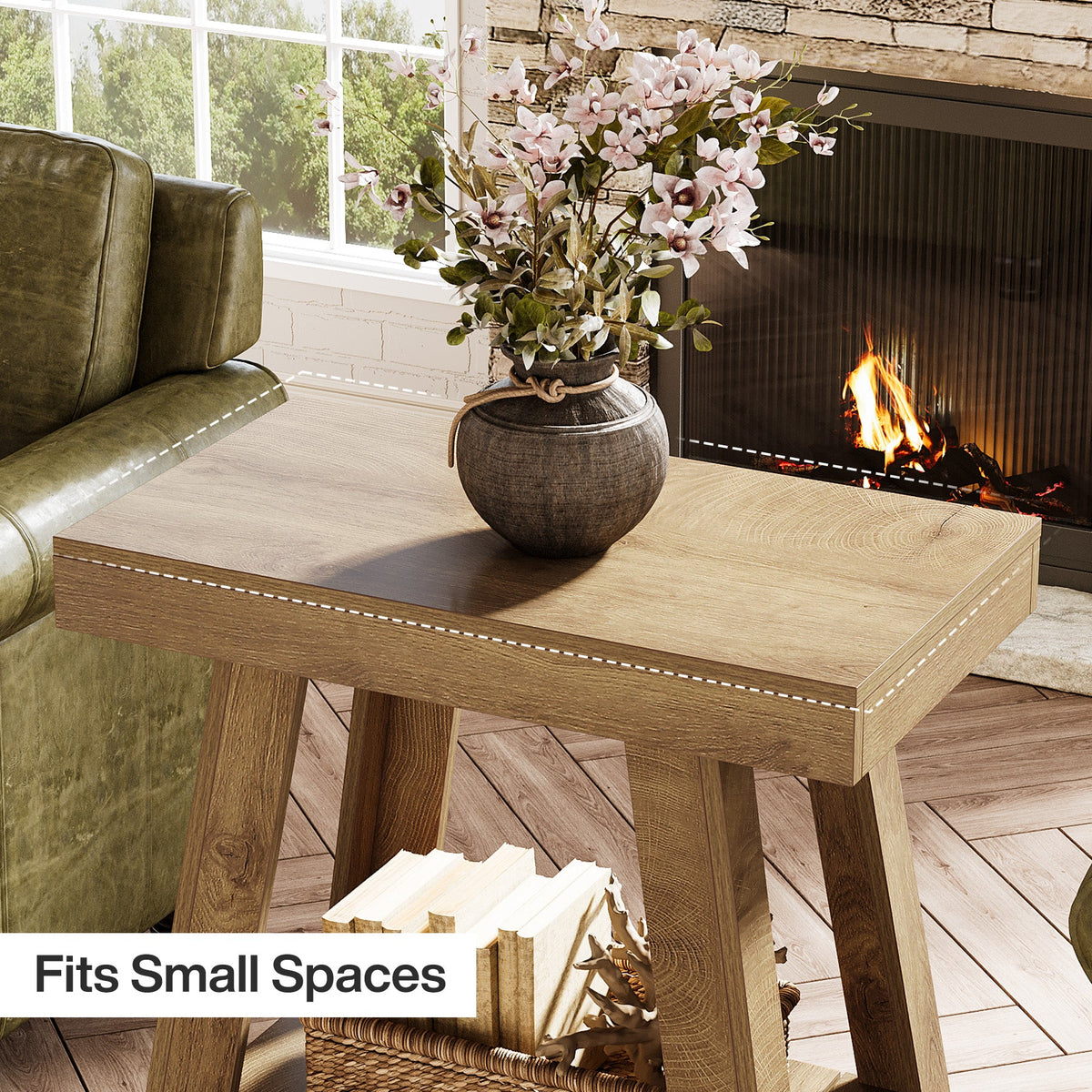 23.6 Inch 2-Tier End Table with Trapezoidal Base, Farmhouse Side Table for Small Spaces
