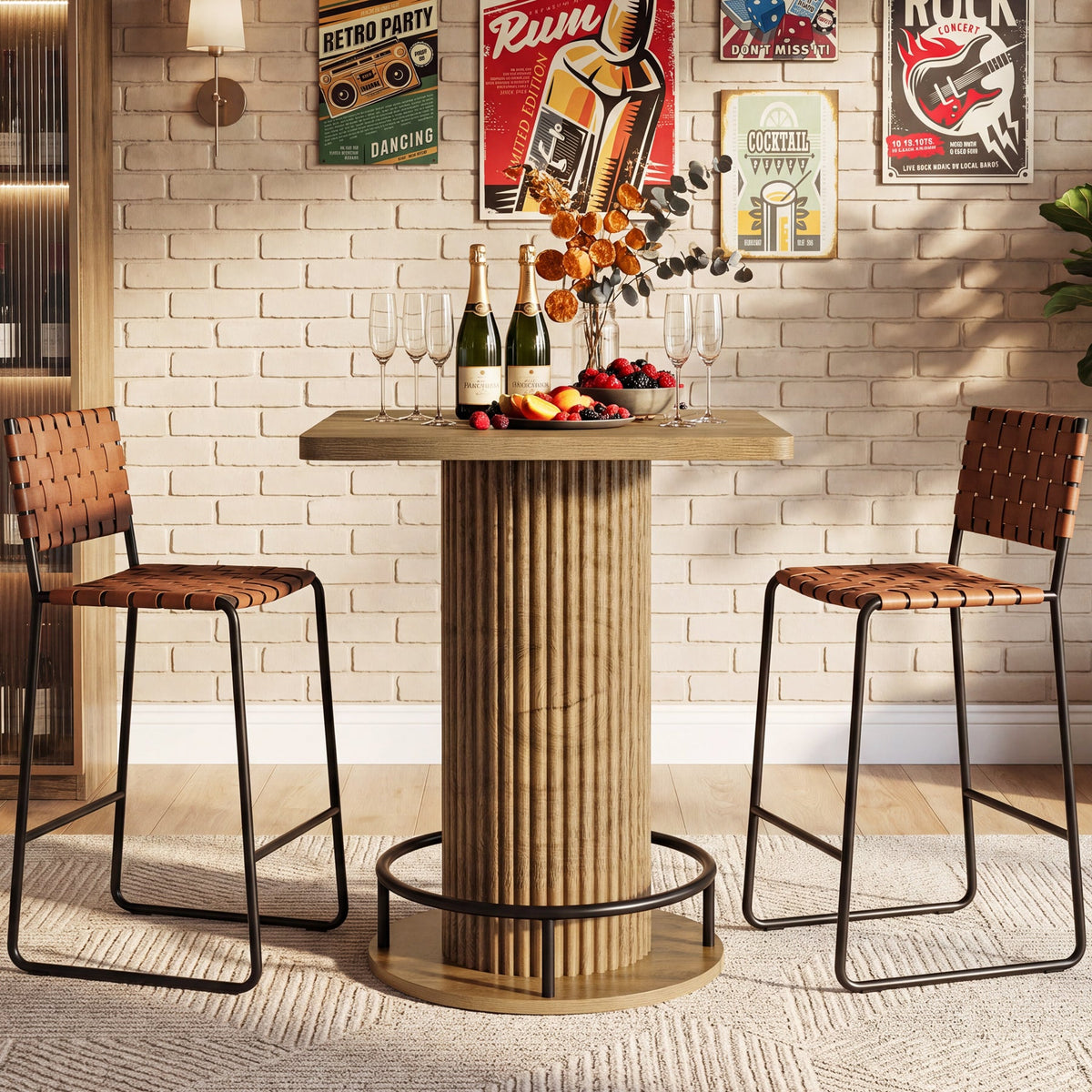 39-Inch Square Bar Table, Wooden Bistro Table with Footrest for Kitchen and Cafe