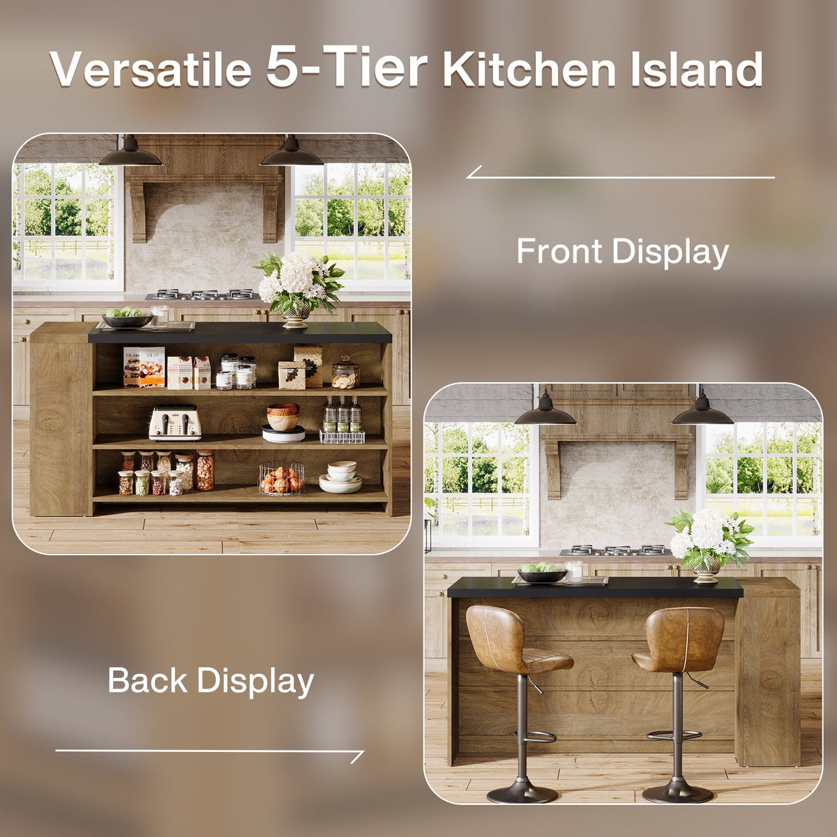 55.12-Inch Kitchen Island with 5-Tier Storage Shelves and Large Countertop, Farmhouse Coffee Bar Table for Kitchen