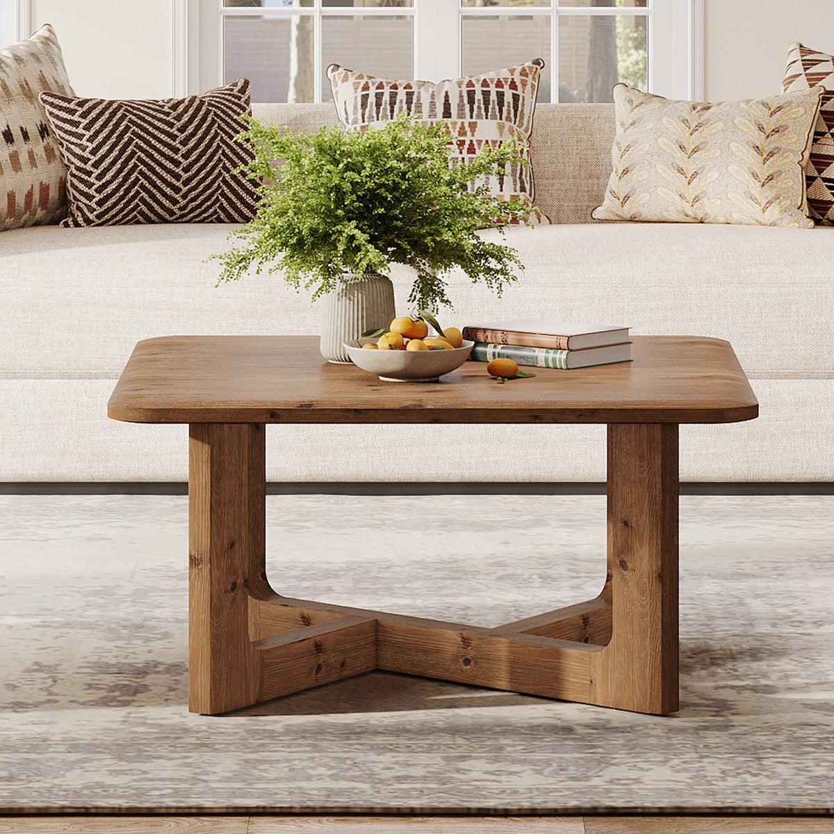 31.5 Inch Square Solid Wood Coffee Table, Farmhouse Living Room Table with Sturdy Base