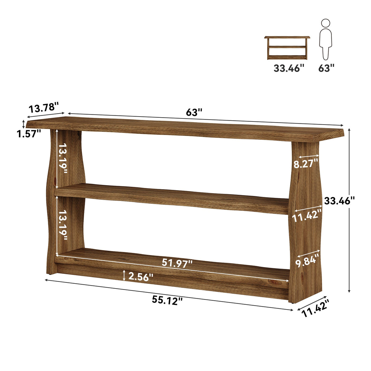 63-Inch Solid Wood Console Table with 3-Tier Open Storage, Rustic Pinewood Entryway Table for Hallway