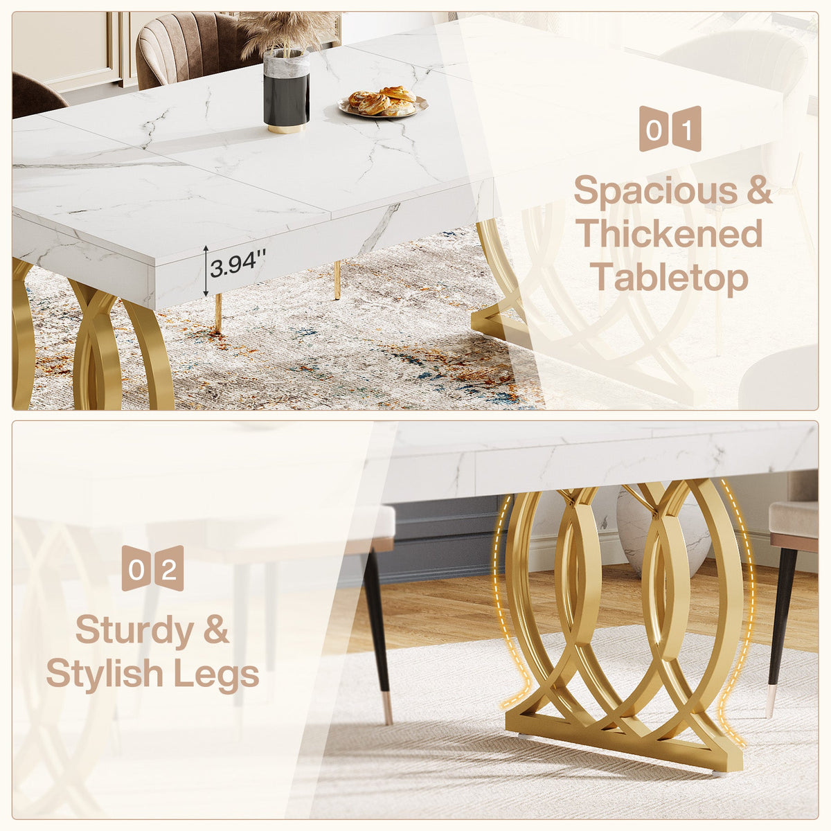63-Inch Modern Dining Table for 4-6 People, Faux Marble Kitchen Table with Gold Legs