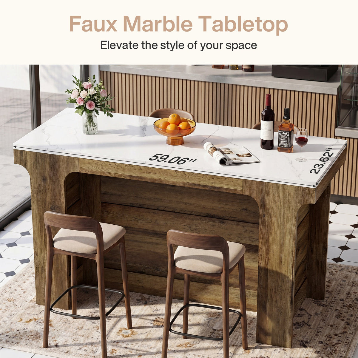 59-Inch Bar Table with Faux Marble Top, Counter Height Table for Kitchen and Bistro