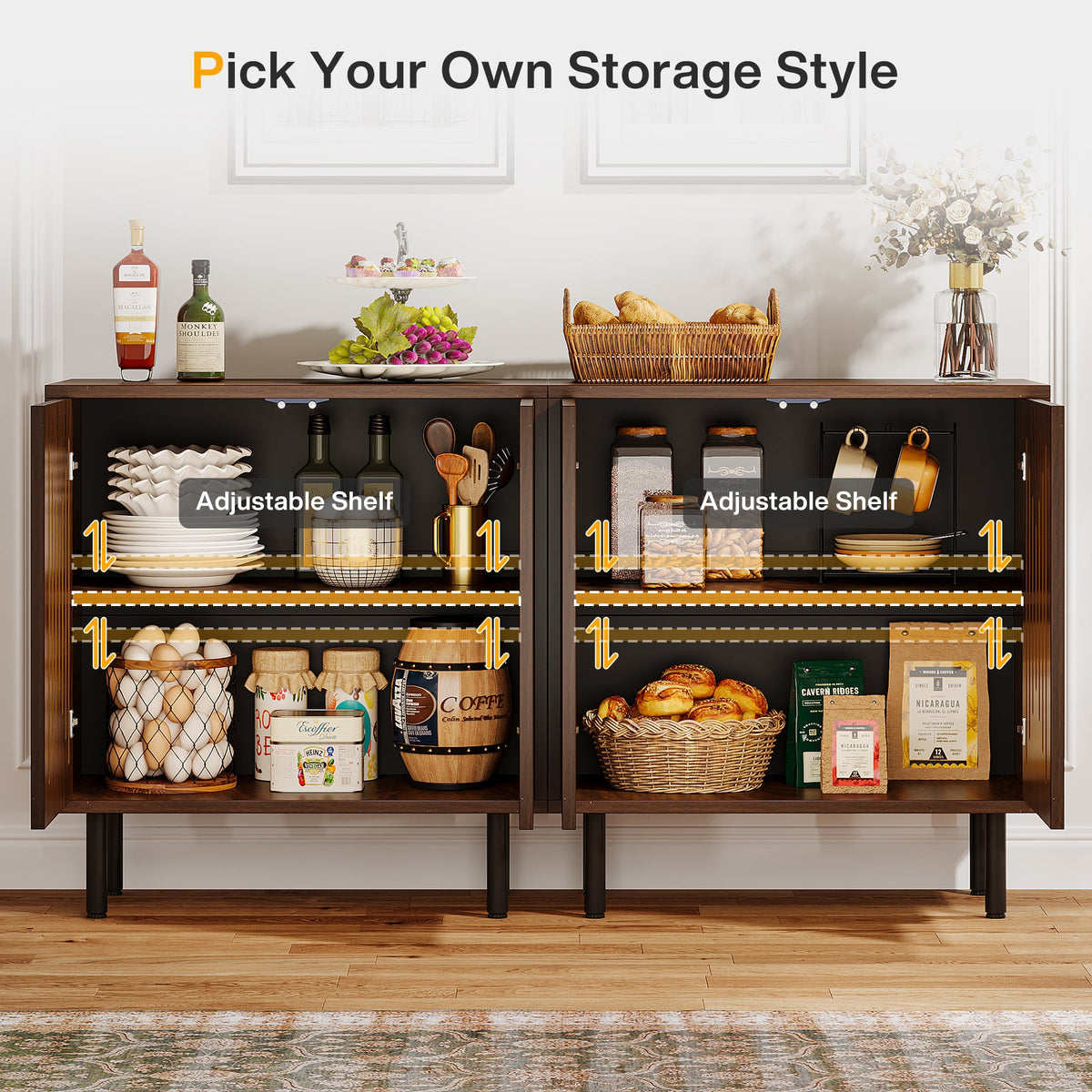 59-Inch Vintage Sideboard Buffet Set of 2 with Adjustable Shelves, Farmhouse Storage Cabinet for Kitchen Living Room and Hallway