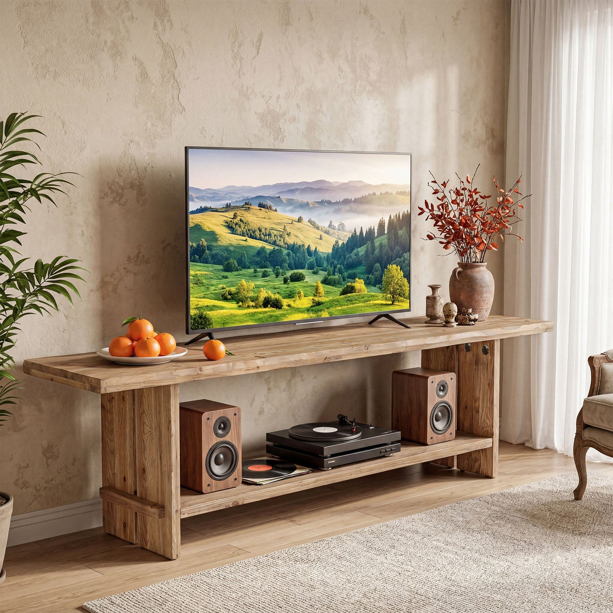 71 Inch Solid Wood TV Stand with 2-Tier Storage, Media Console for 55 to 85 Inch TVs