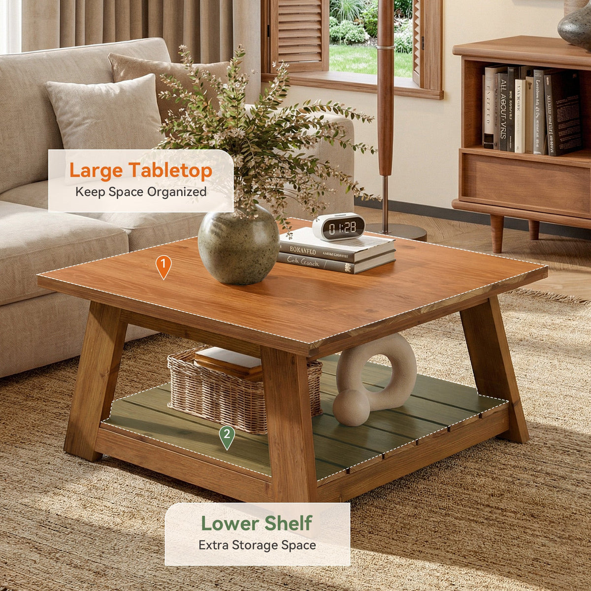 31.5 Inch Solid Wood Square Coffee Table, Farmhouse Centre Table with Storage Shelf
