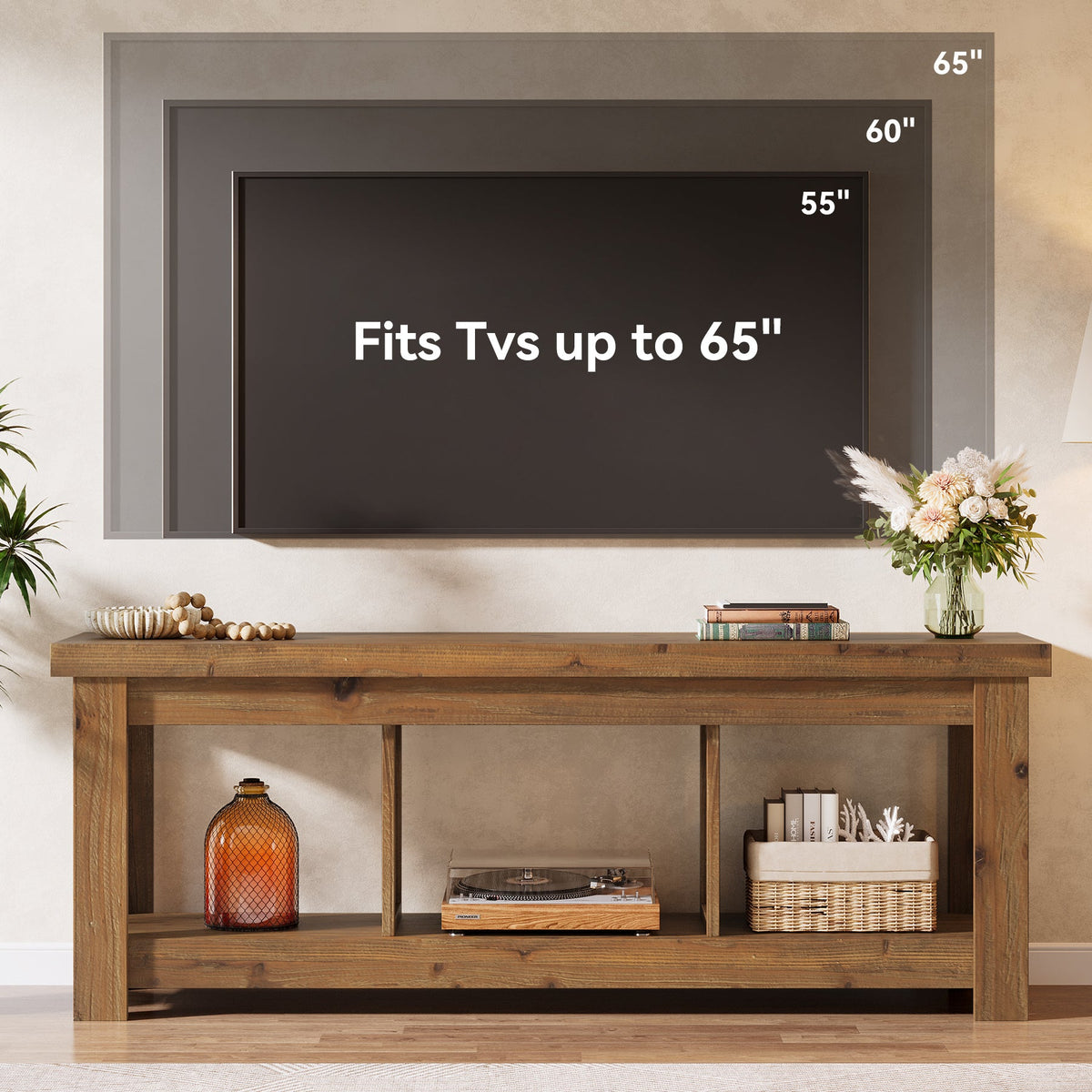 63-Inch Solid Wood TV Stand with 3 Open Storage Shelves, Farmhouse Entertainment Center for TVs up to 75 Inches