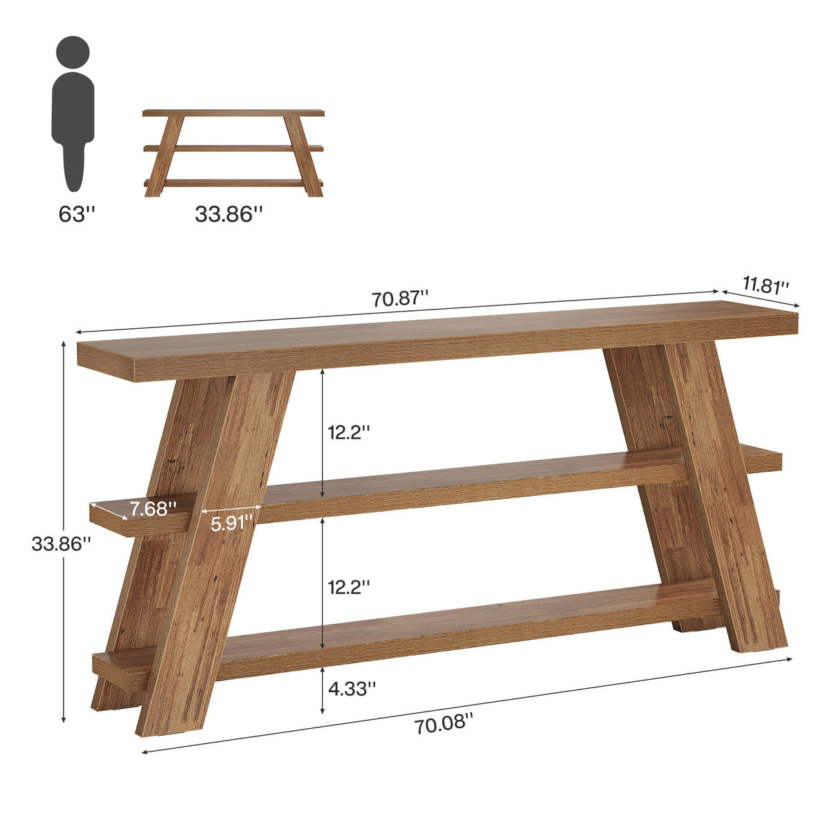 70.9" Farmhouse Console Table, 3-Tier Narrow Sofa Table with Storage