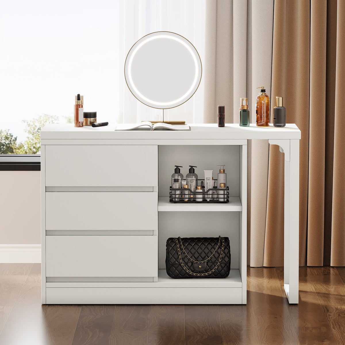 Vanity Desk with 3 Drawers and 2 Shelves, Matte White Makeup Table with Reversible Storage Cabinet for Bedroom