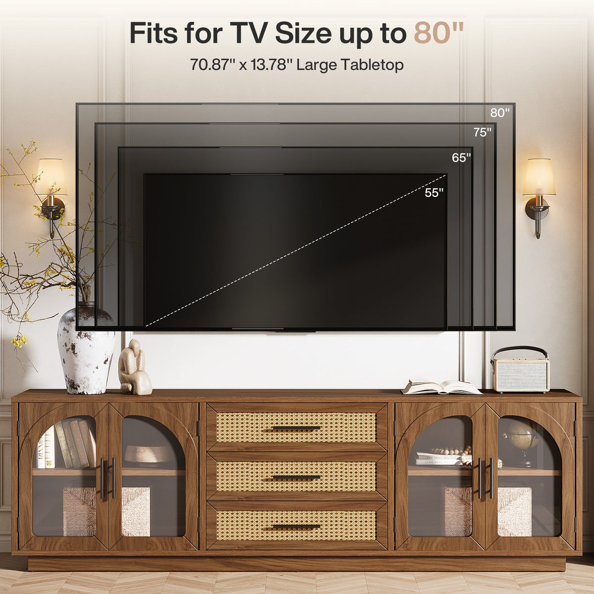 71-Inch TV Stand with Rattan Drawers, Mid-Century Media Console for Living Room