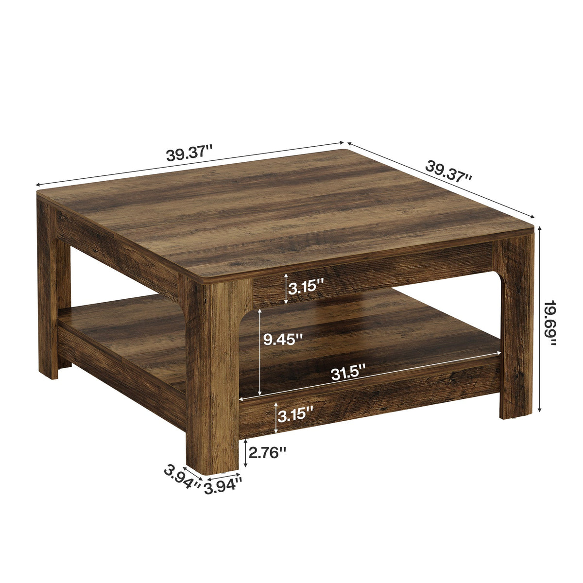 39.4-Inch Square Coffee Table, Large Farmhouse Center Table with Storage Shelf for Living Room