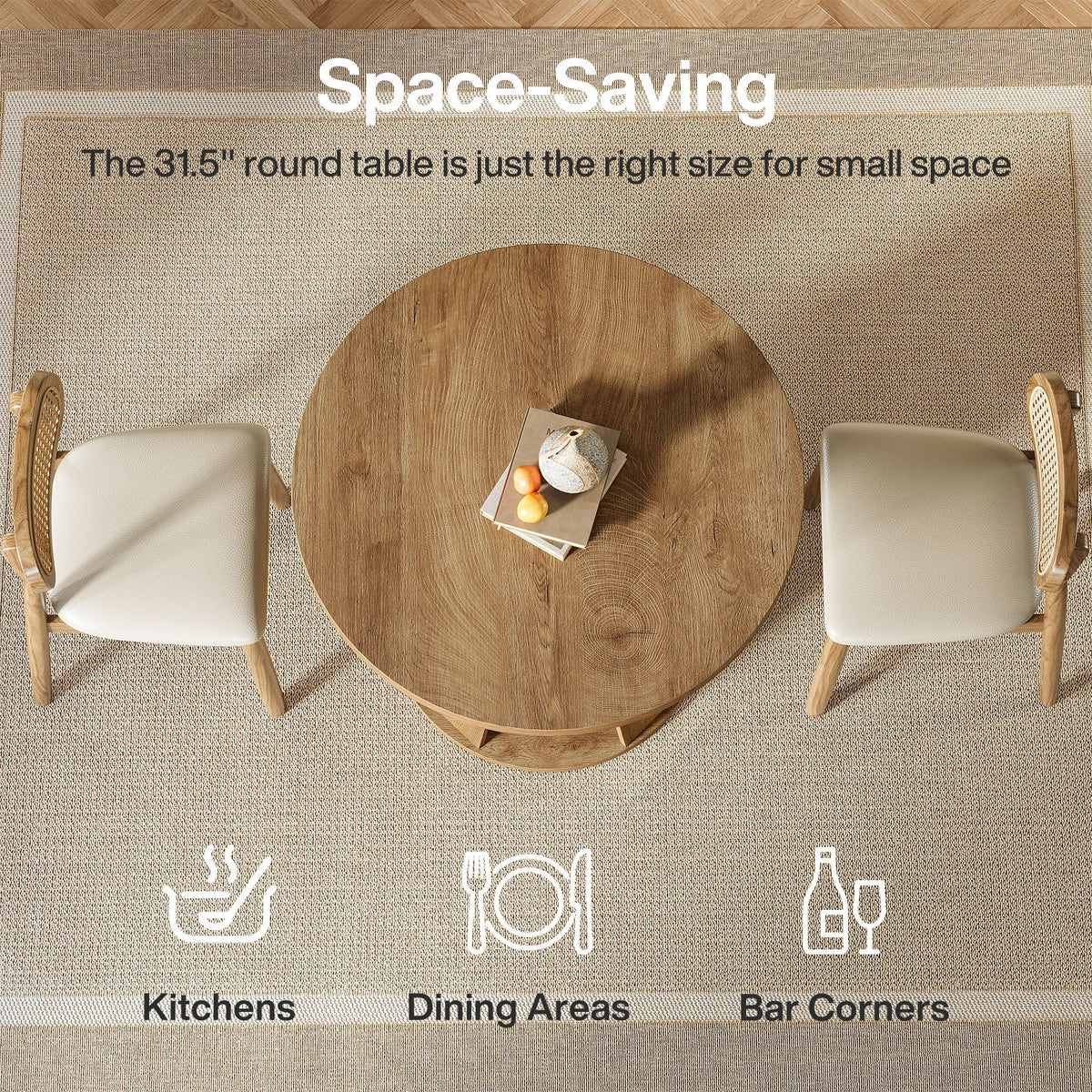 31.5-Inch Round Dining Table for 2-4, Space-Saving Farmhouse Kitchen Table with 2-Tier Storage Shelf for Small Spaces