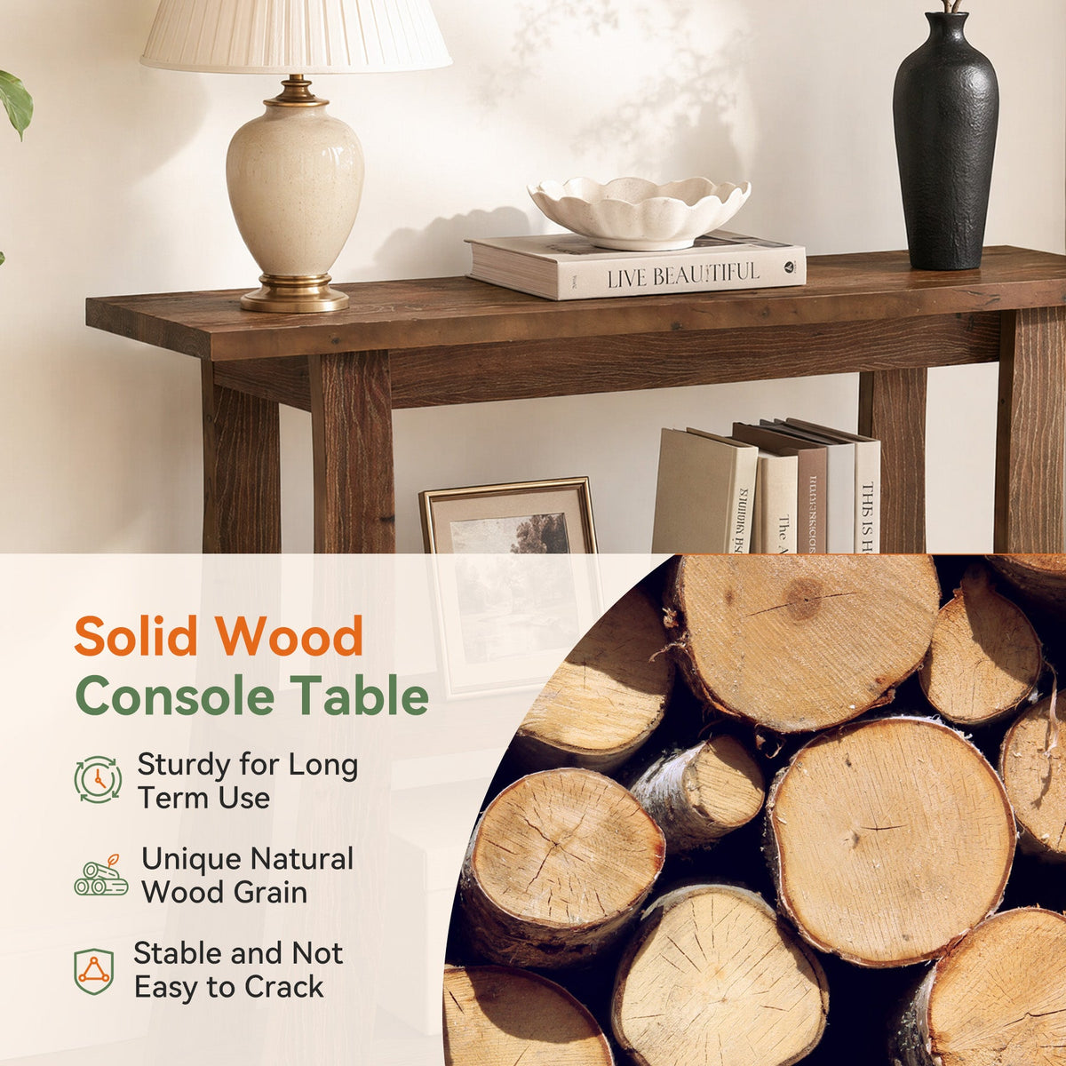 41.3 Inch Solid Wood Console Table with 3-Tier Storage, Farmhouse Hallway Table