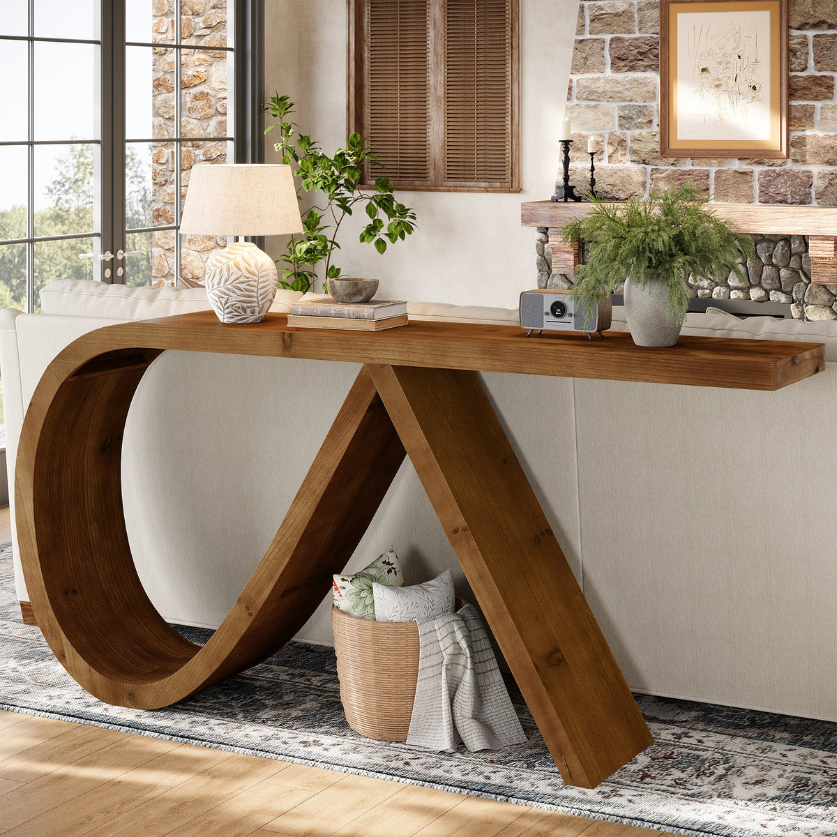 57-Inch Curved Console Table, Solid Wood Sofa Table for Hallway