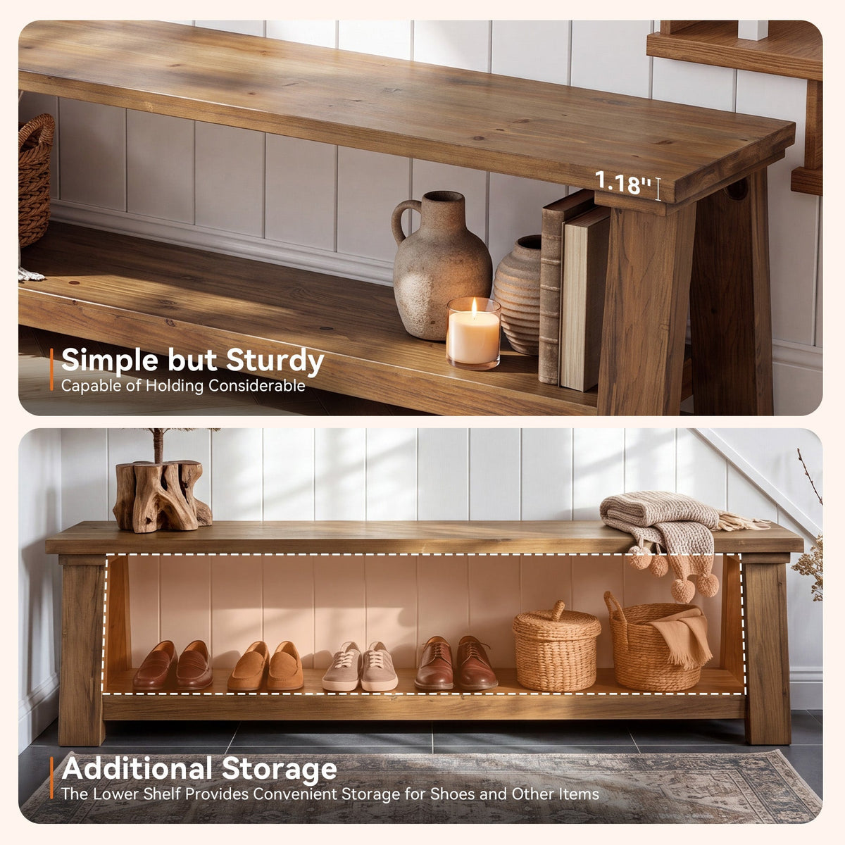 70.9-Inch Solid Wood Dining Bench with Storage Shelf, Farmhouse Bench for Dining Room