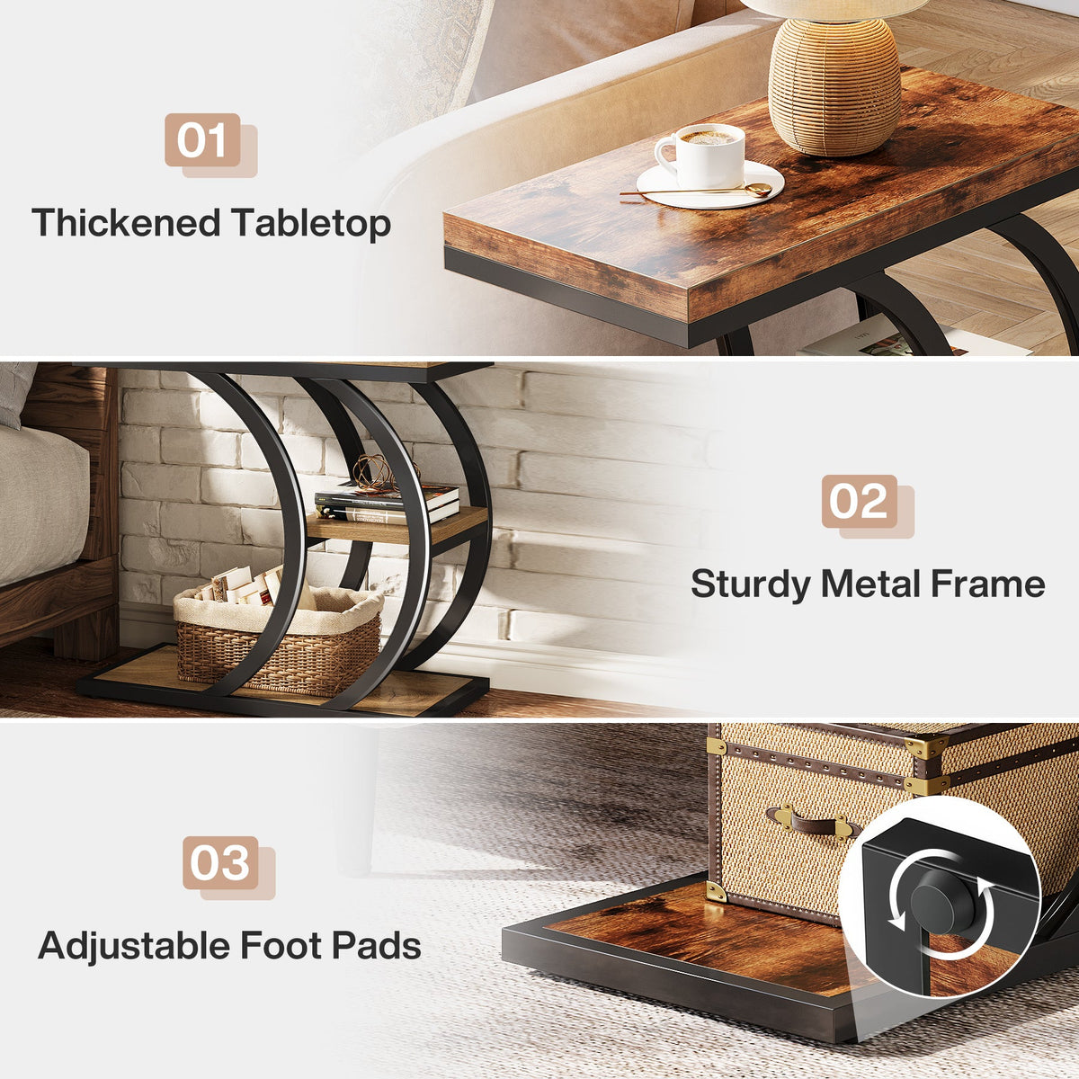 C-Space 3-Tier End Table, A Narrow C-Shaped Wood & Metal Side Table for Small Spaces
