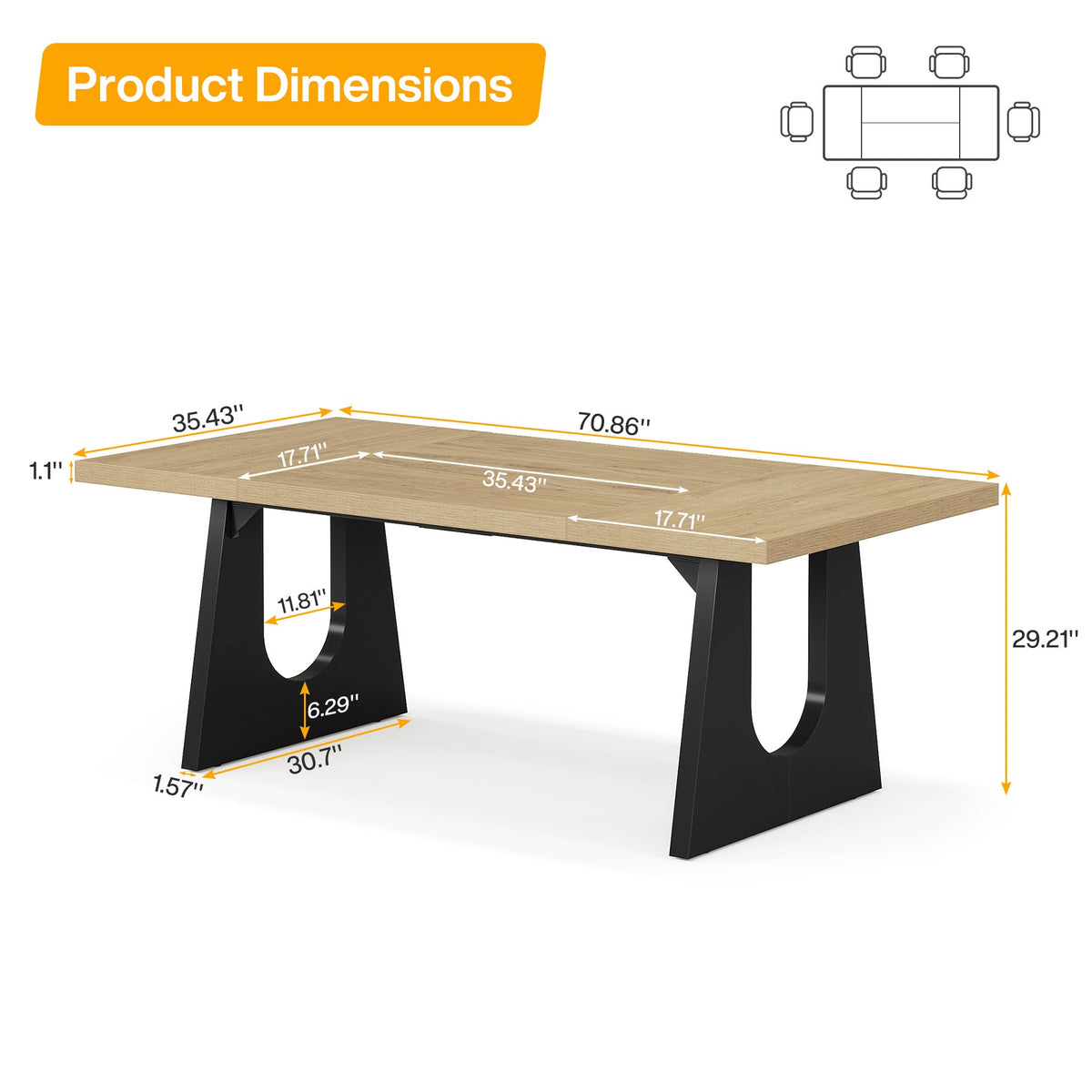 70.9-Inch Rectangular Dining Table with Thick MDF Top, Farmhouse Kitchen Table for Dining Room