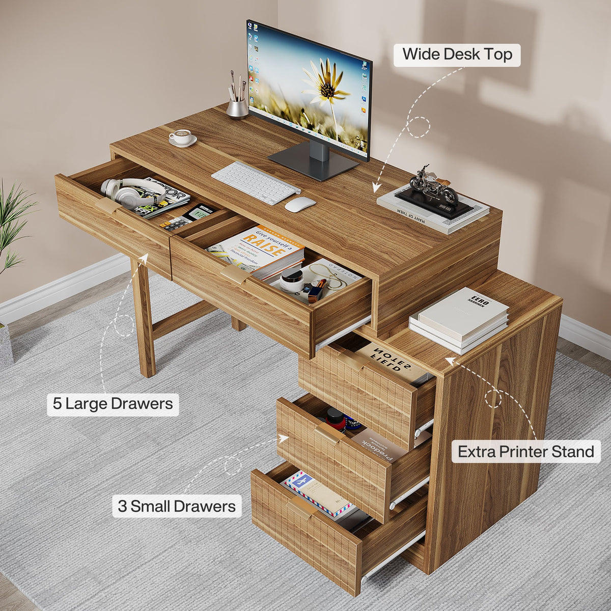 Reversible Computer Desk with 5 Drawers, Small Writing Desk for Home Office and Bedroom