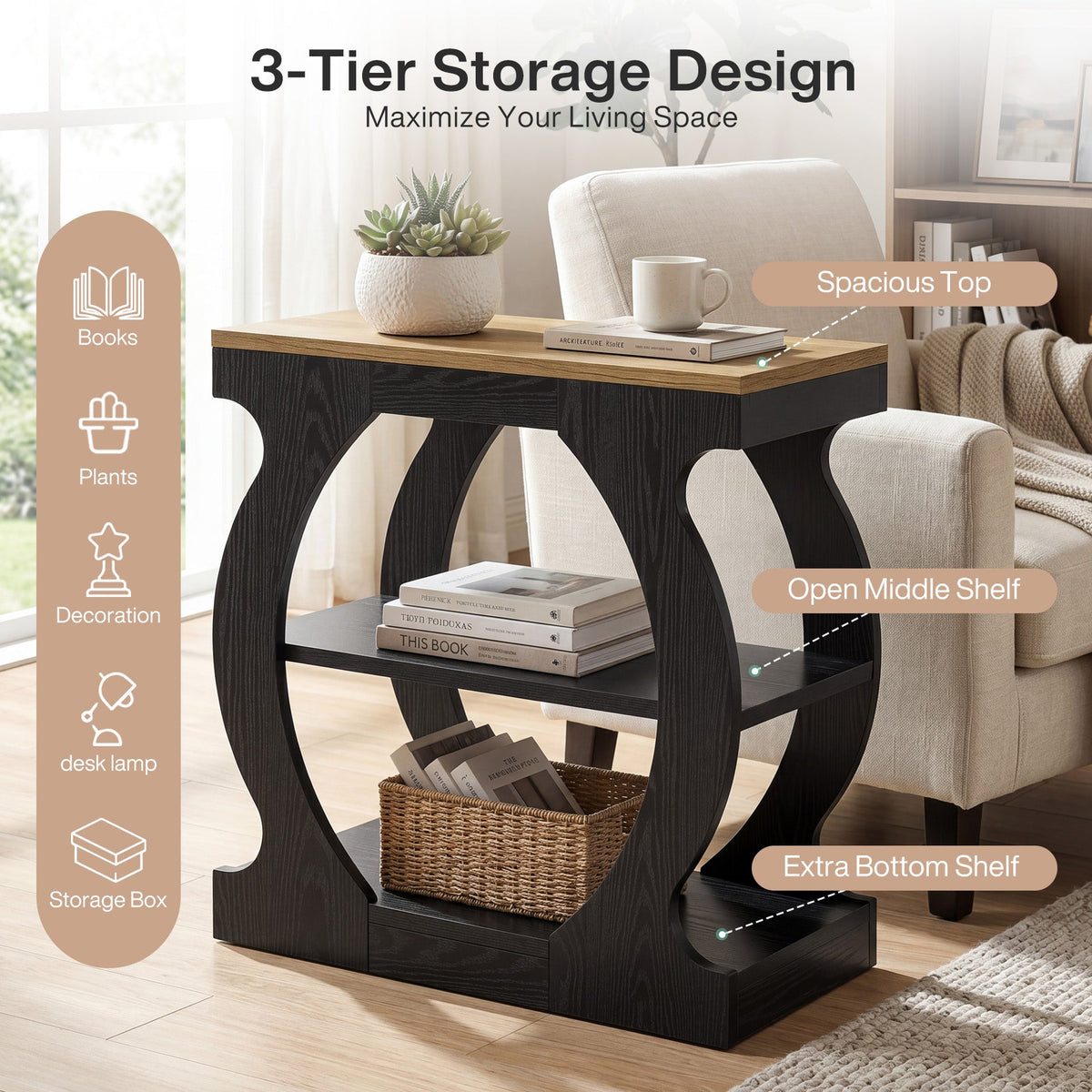 23.6 Inch Narrow End Table with 3-Tier Storage, Wooden Side Table with Curved Frame