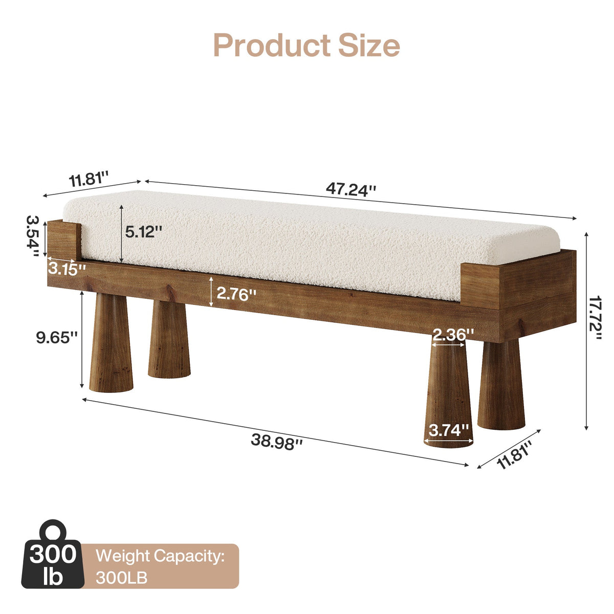 Upholstered Entryway Bench with Solid Wood Legs, Mid-Century Shoe Bench for Bedroom and Living Room