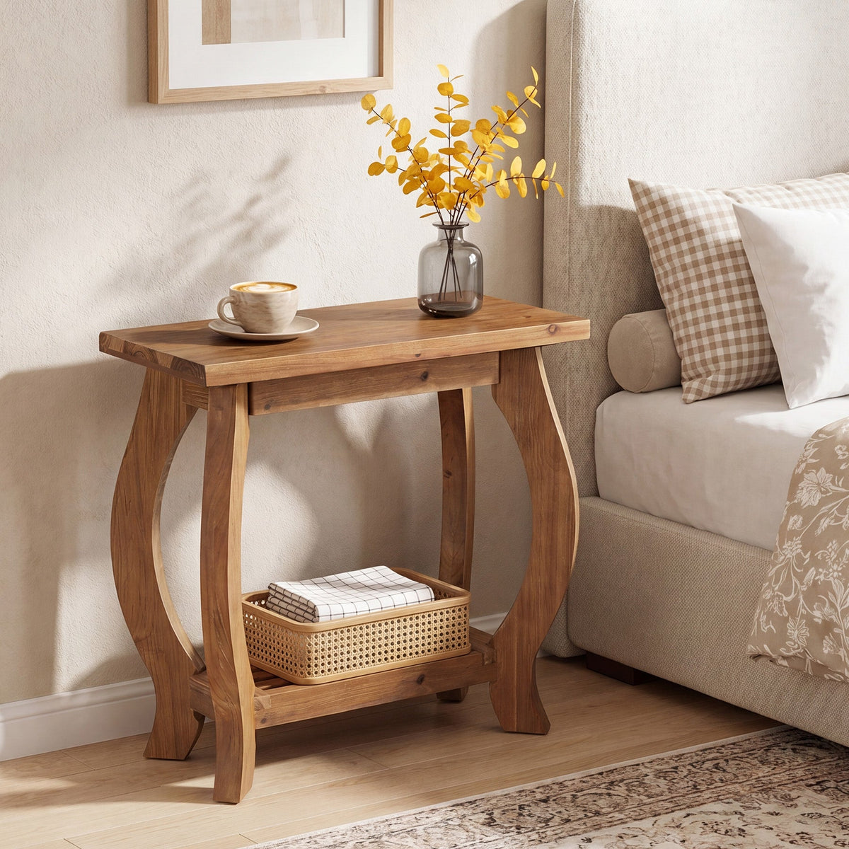 23.6 Inch Narrow Side Table with Curved Legs, Solid Wood End Table for Small Spaces