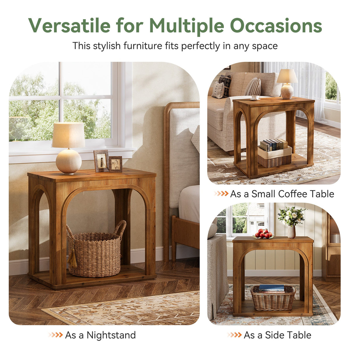 25.2-Inch Solid Wood End Table with Arched Design and Bottom Shelf, 2-Tier Farmhouse Side Table for Living Room