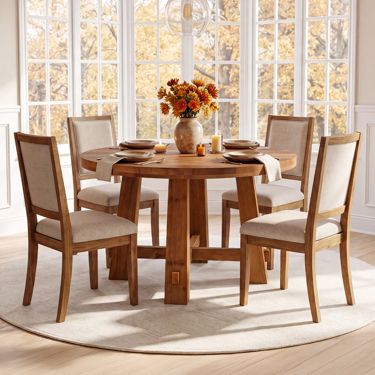 39.4 Inch Solid Wood Round Dining Table with Cross Base, Farmhouse Kitchen Table for 2-4