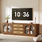 71-Inch TV Stand with Rattan Drawers, Mid-Century Media Console for Living Room