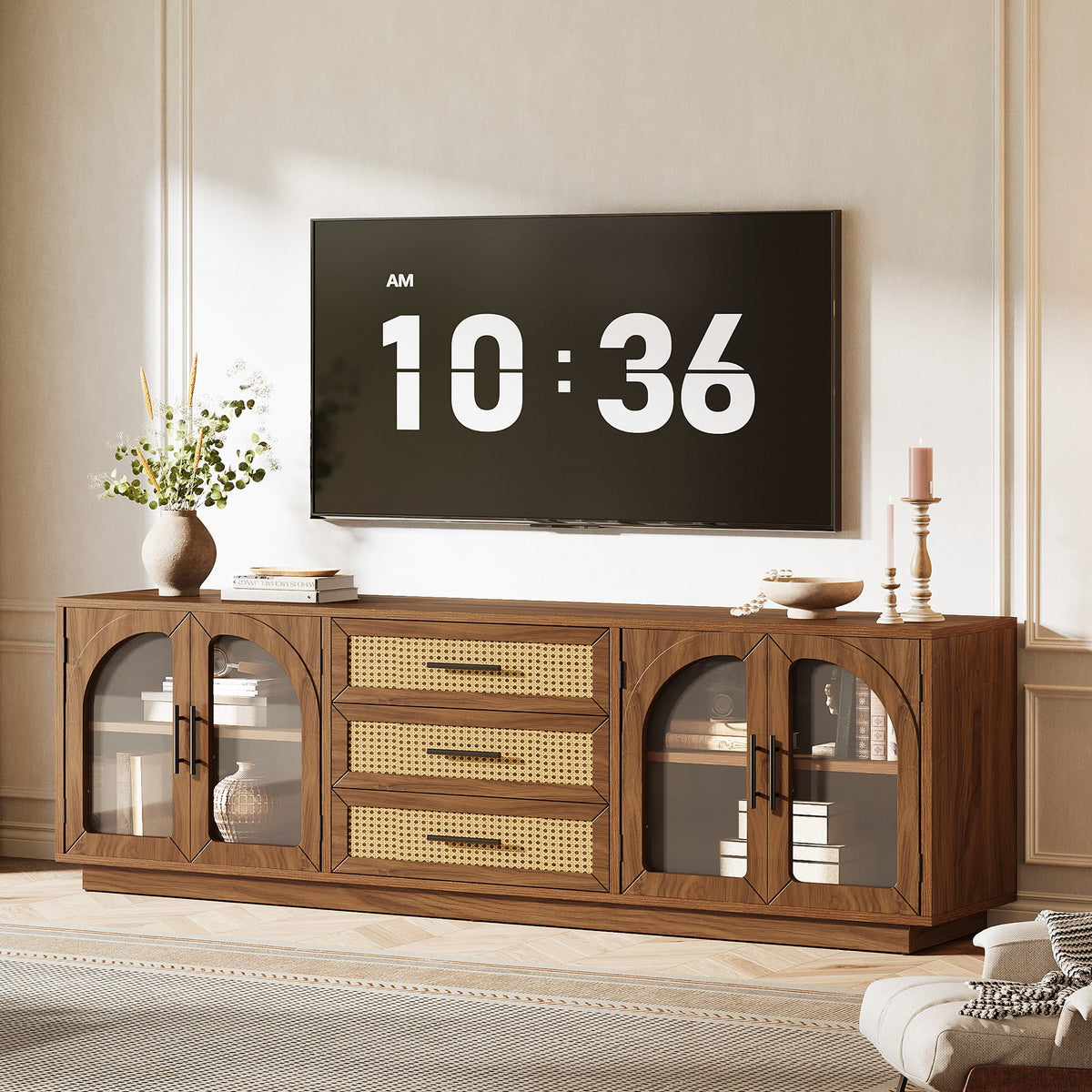 71-Inch TV Stand with Rattan Drawers, Mid-Century Media Console for Living Room