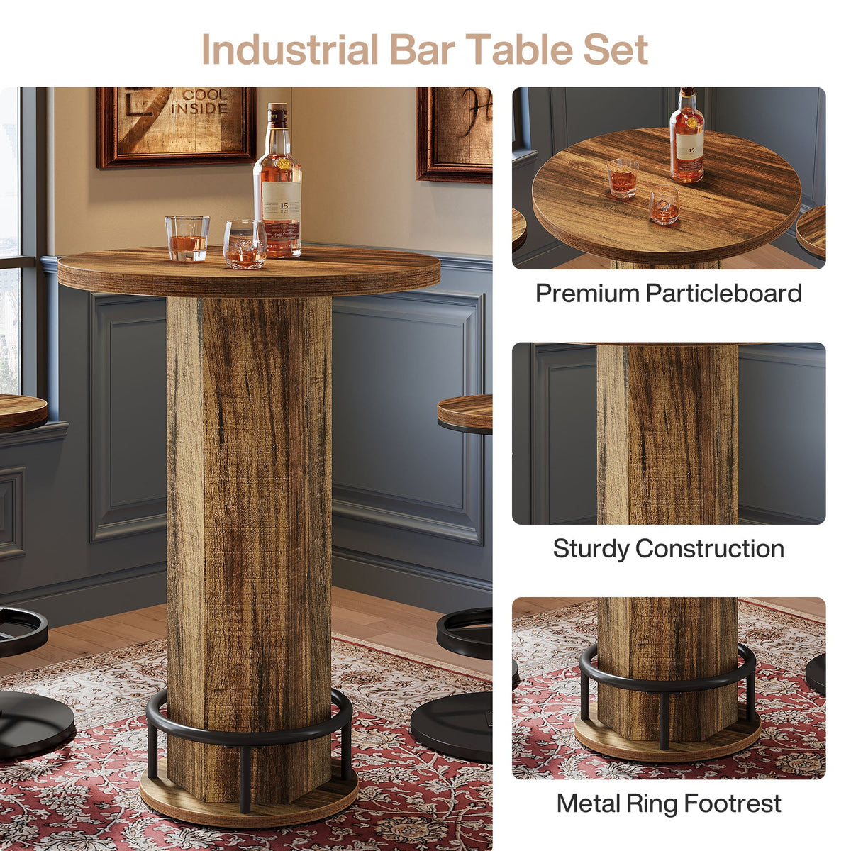 23.62-Inch Round Bar Table Set, Industrial Bistro Table with 2 Bar Stools and Metal Footrest for Kitchen Apartment