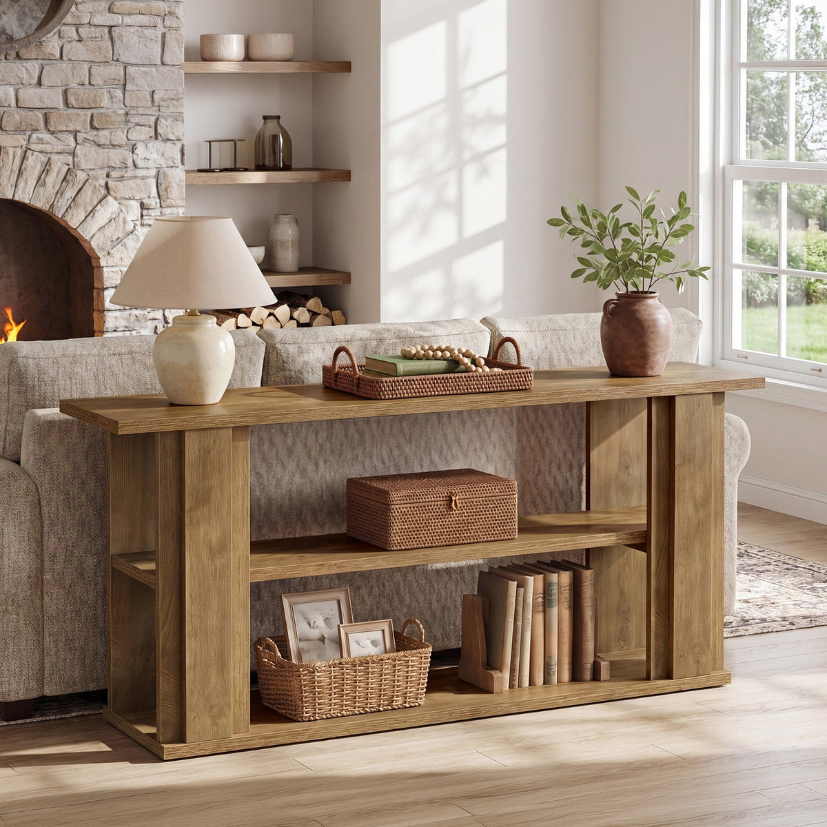63-Inch Farmhouse Console Table with 3-Tier Storage Shelves and Wide Panel Supports, Narrow Sofa Table for Living Room Hallway and Foyer