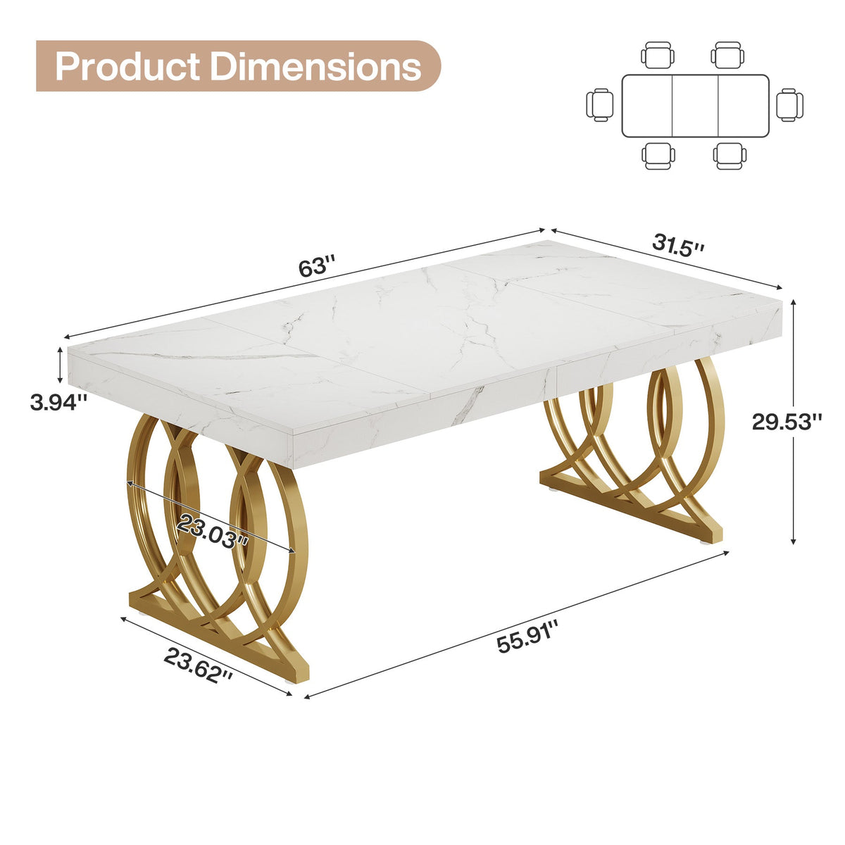 63-Inch Modern Dining Table for 4-6 People, Faux Marble Kitchen Table with Gold Legs