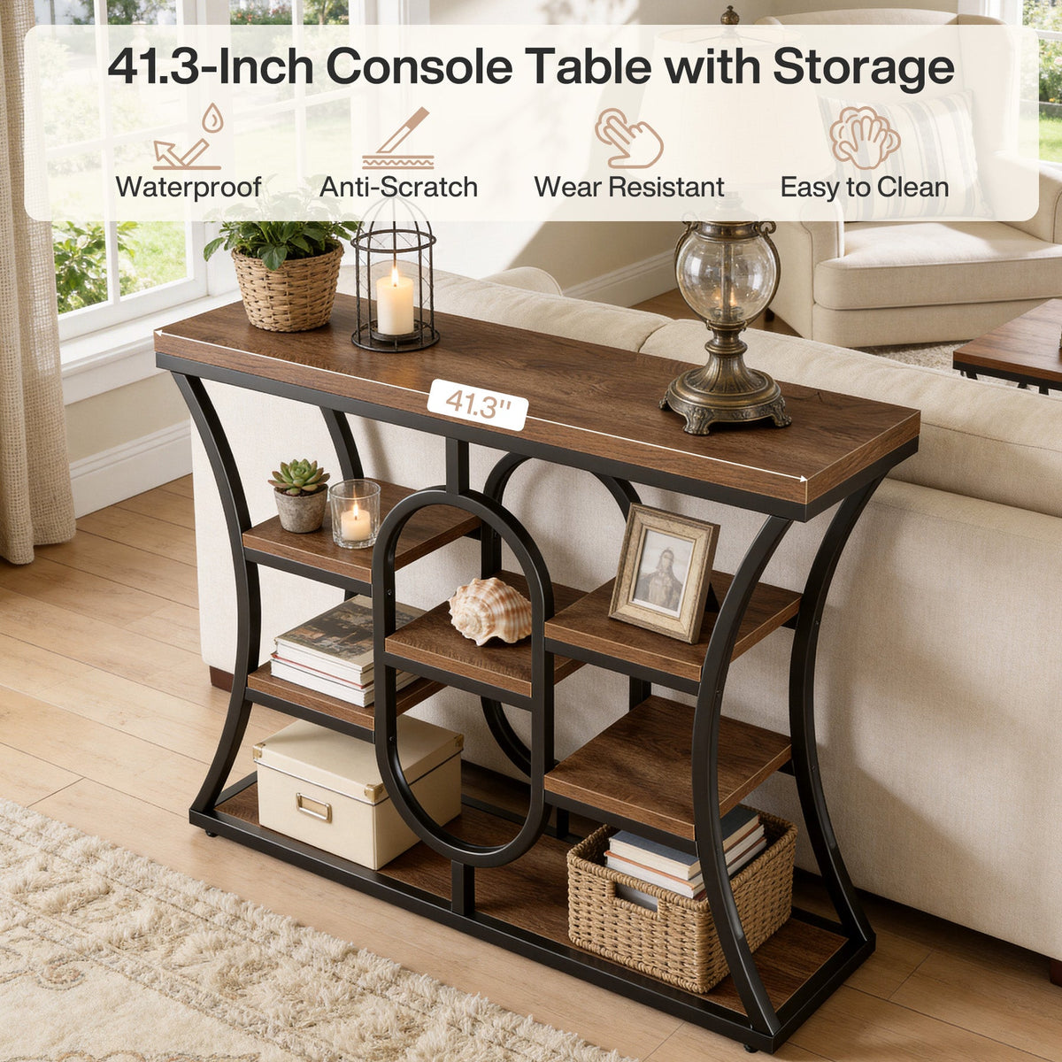 41.3" Sofa Table, Industrial Console Table with Shelves