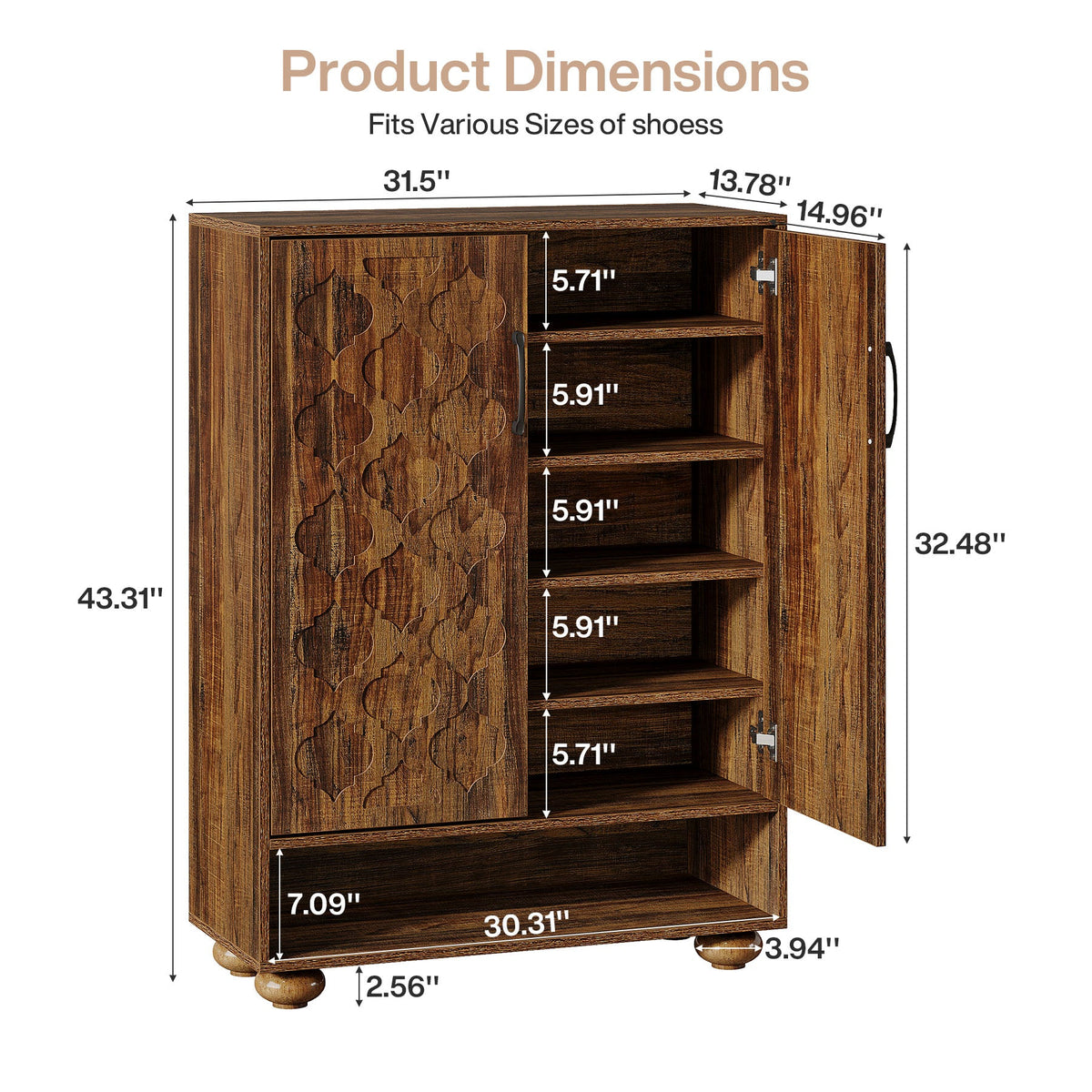 31.5-Inch Solid Wood Shoe Cabinet for Entryway, Farmhouse Tall Shoe Storage Cabinet with Doors and Adjustable Shelves for Hallway