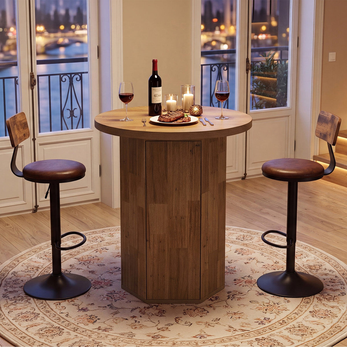 31.5-Inch Round Bar Table, Wood Pub Table with 2-Tier Hidden Storage for Home Bar