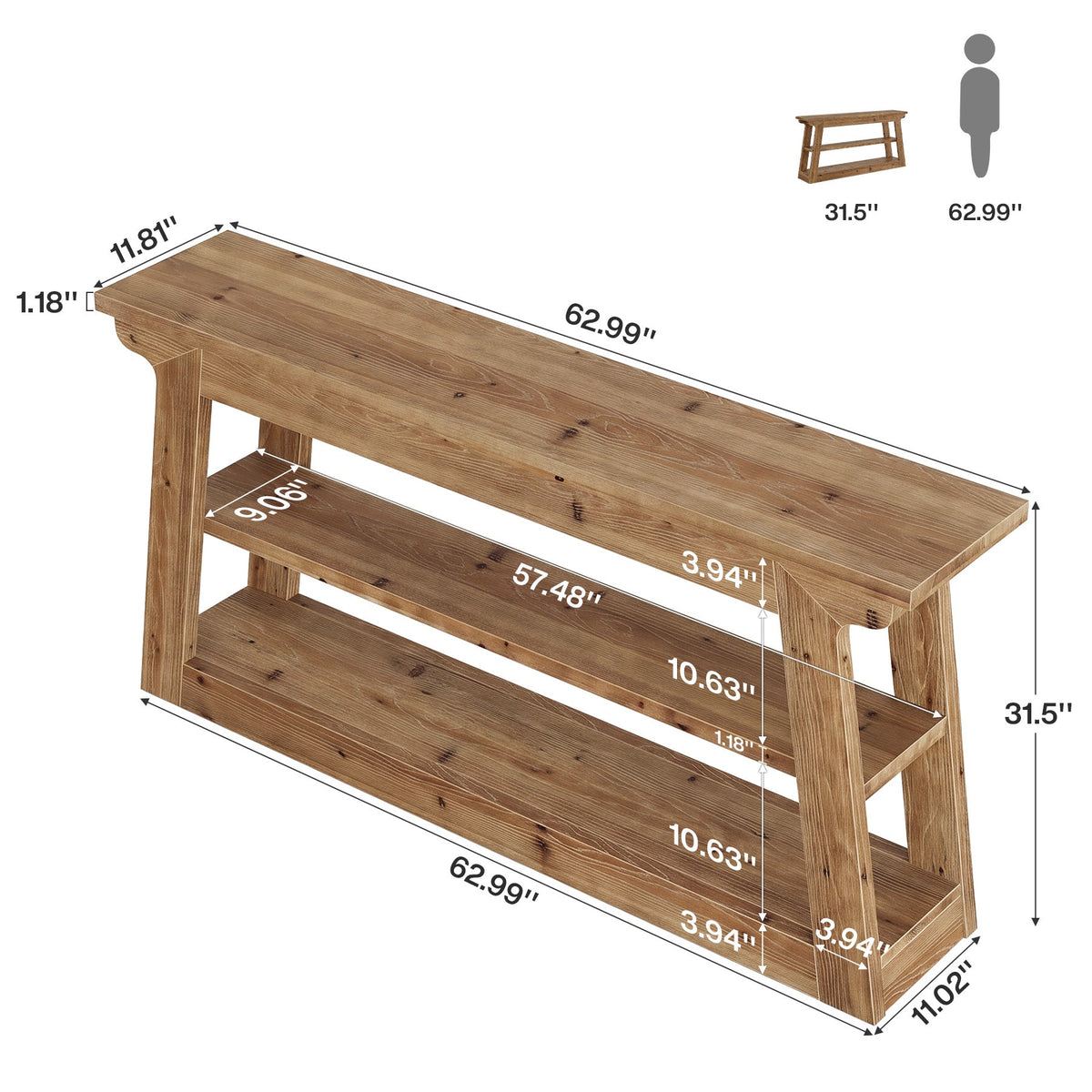 63-Inch Solid Wood Console Table with 3-Tier Storage, Farmhouse Hallway Entry Table