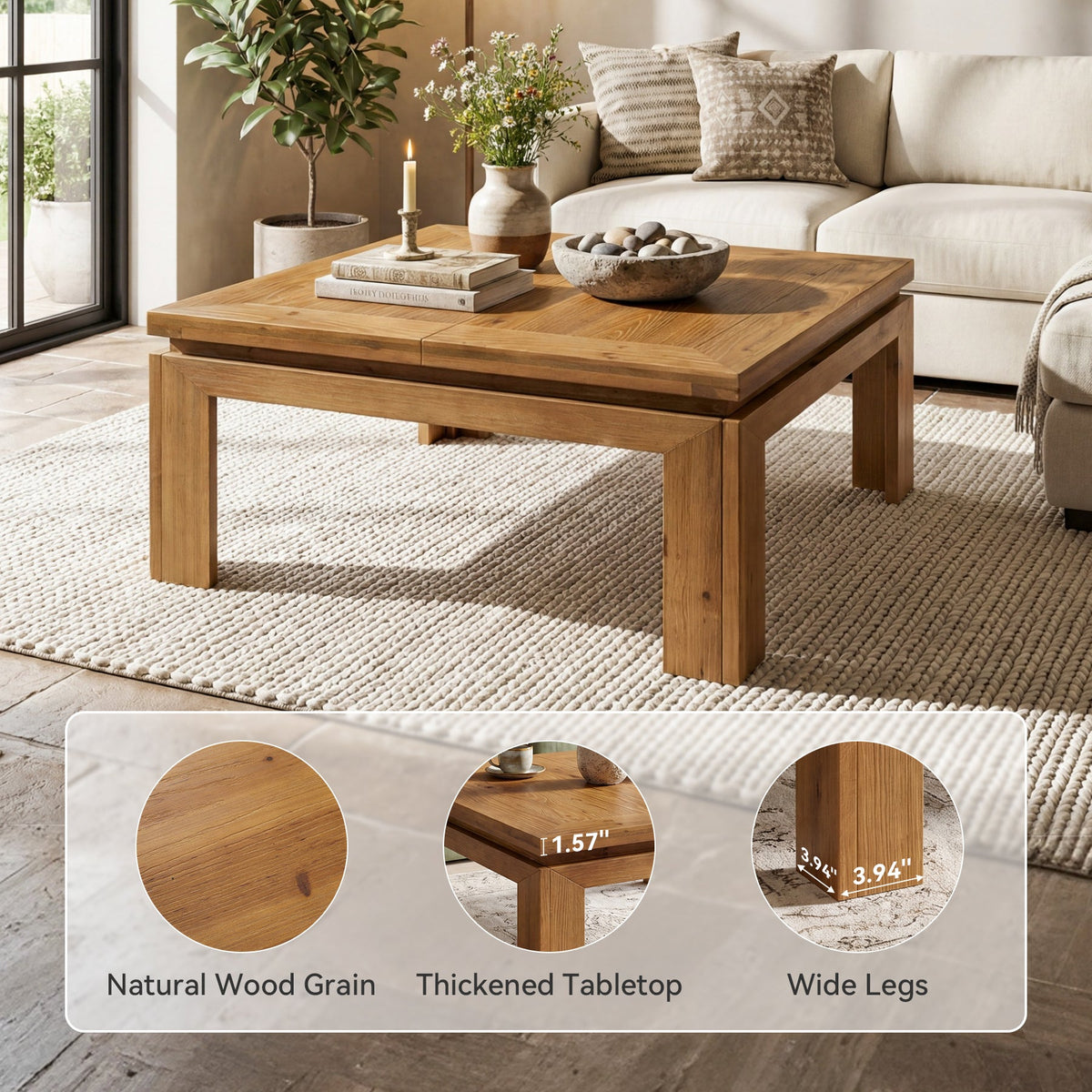 39.4-Inch Solid Wood Coffee Table with Recessed Edge, Square Farmhouse Center Table for Living Room