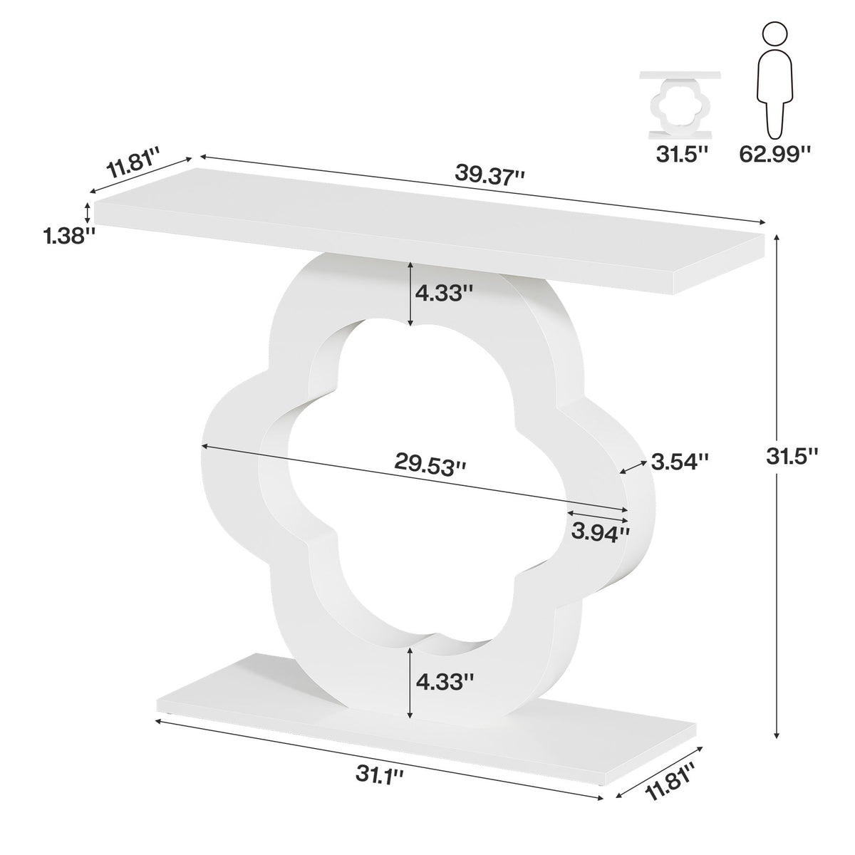 39.4-Inch White High-Gloss Console Table with Flower Cutout Base, Narrow Entryway Table for Living Room and Hallway