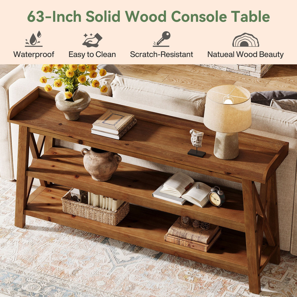 63-Inch Solid Wood Console Table with X-Frame, 3-Tier Hallway Table for Living Room