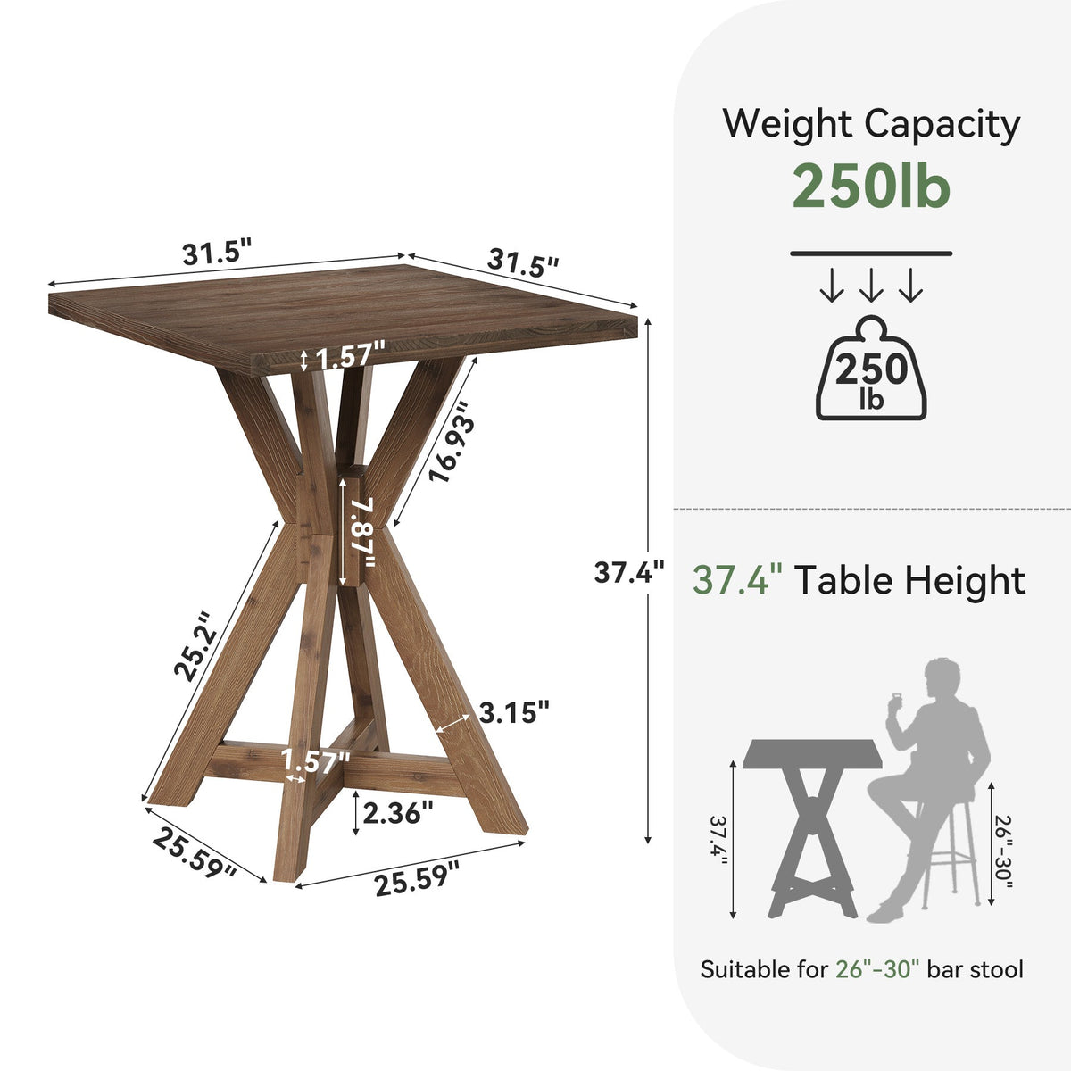 31.5-Inch Solid Wood Dining Table with X-Frame, Farmhouse Kitchen Table for 2-4