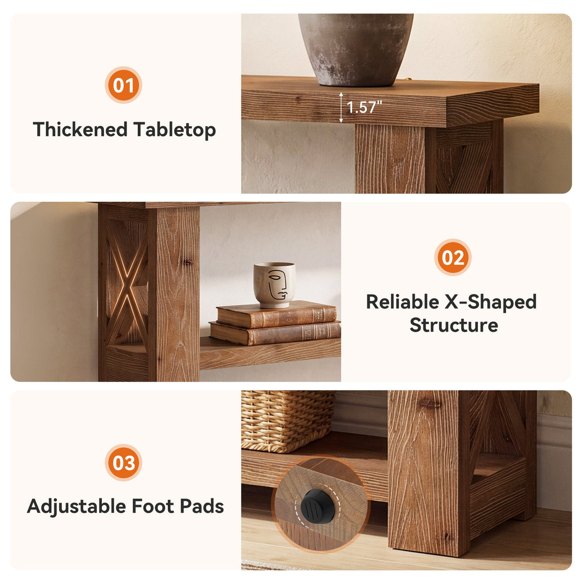 63 Inch Solid Wood Console Table with X-Frame, 3-Tier Hallway Table for Living Room