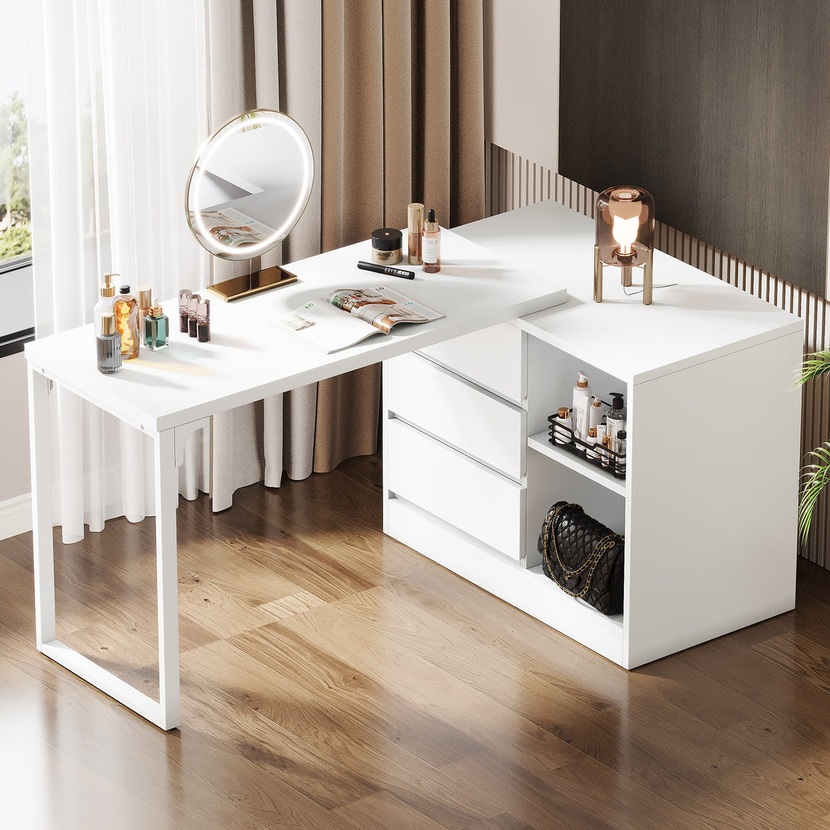 Vanity Desk with 3 Drawers and 2 Shelves, Matte White Makeup Table with Reversible Storage Cabinet for Bedroom