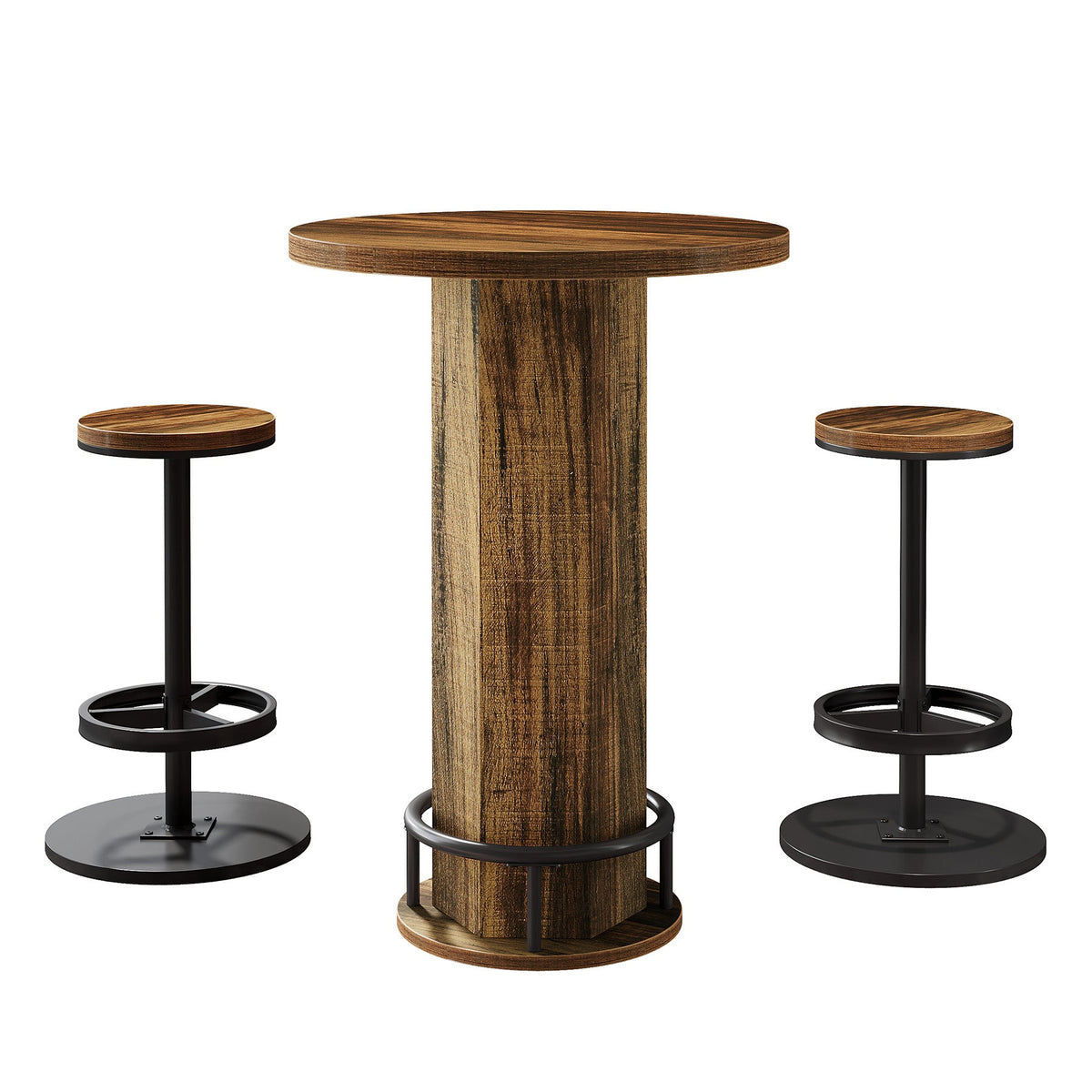 23.62-Inch Round Bar Table Set, Industrial Bistro Table with 2 Bar Stools and Metal Footrest for Kitchen Apartment