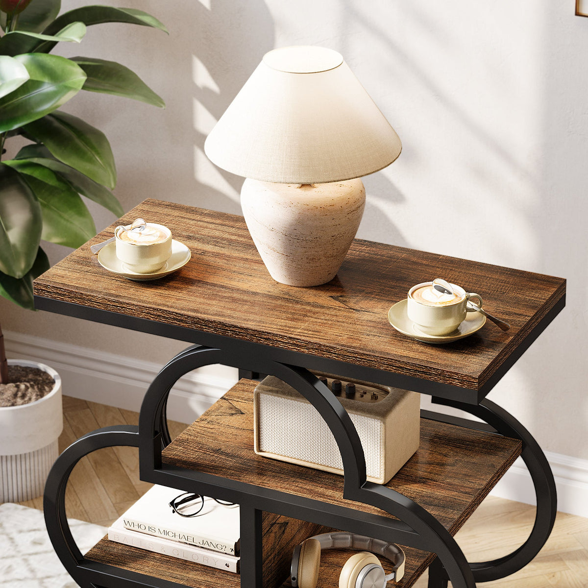4-Tier Narrow Side Table with Curved Metal Frame and Storage Shelves
