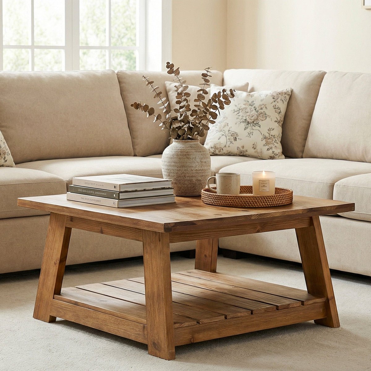31.5 Inch Solid Wood Square Coffee Table, Farmhouse Centre Table with Storage Shelf
