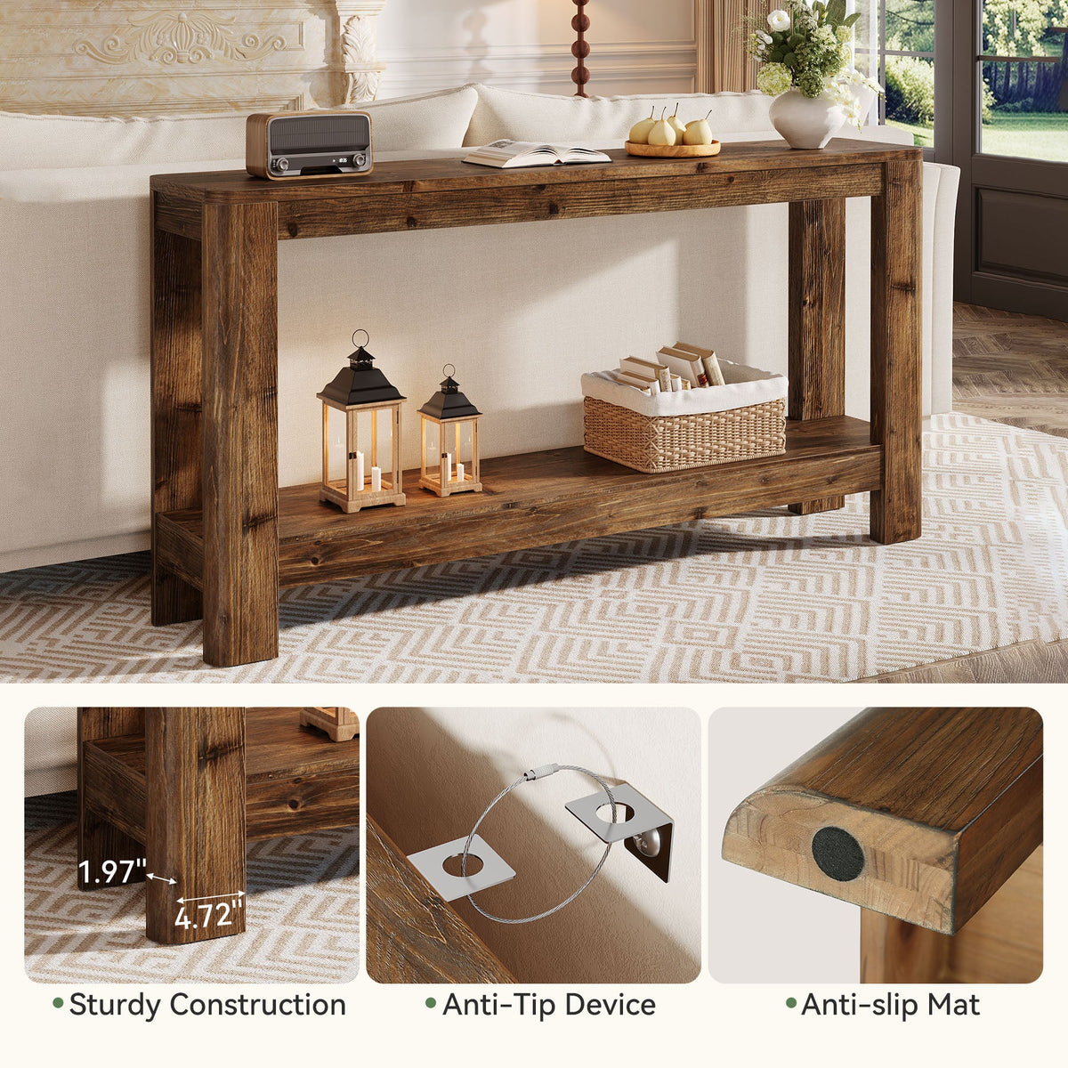 63" Console Table, Solid Wood Farmhouse Sofa Table with 2-Tier Storage