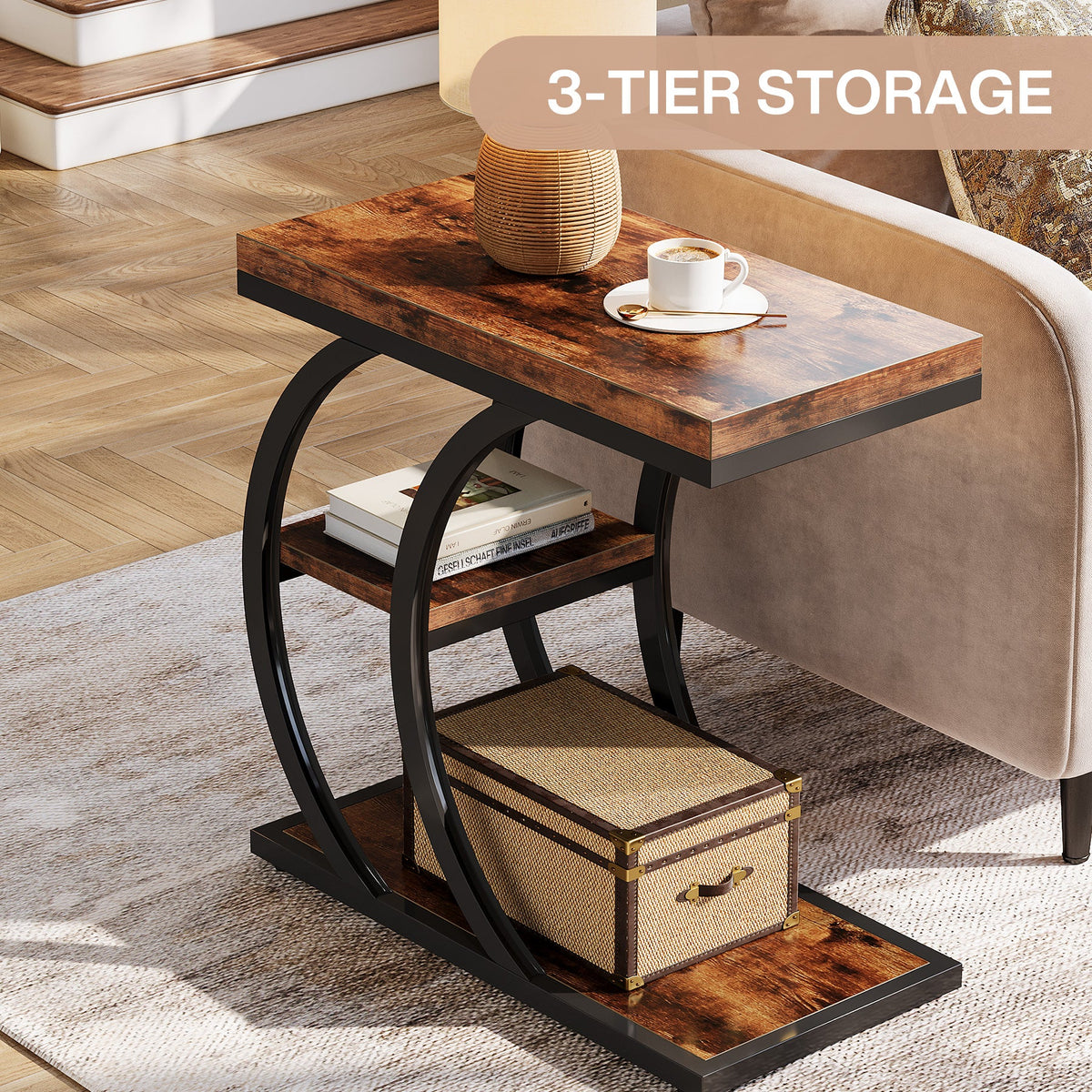 C-Space 3-Tier End Table, A Narrow C-Shaped Wood & Metal Side Table for Small Spaces