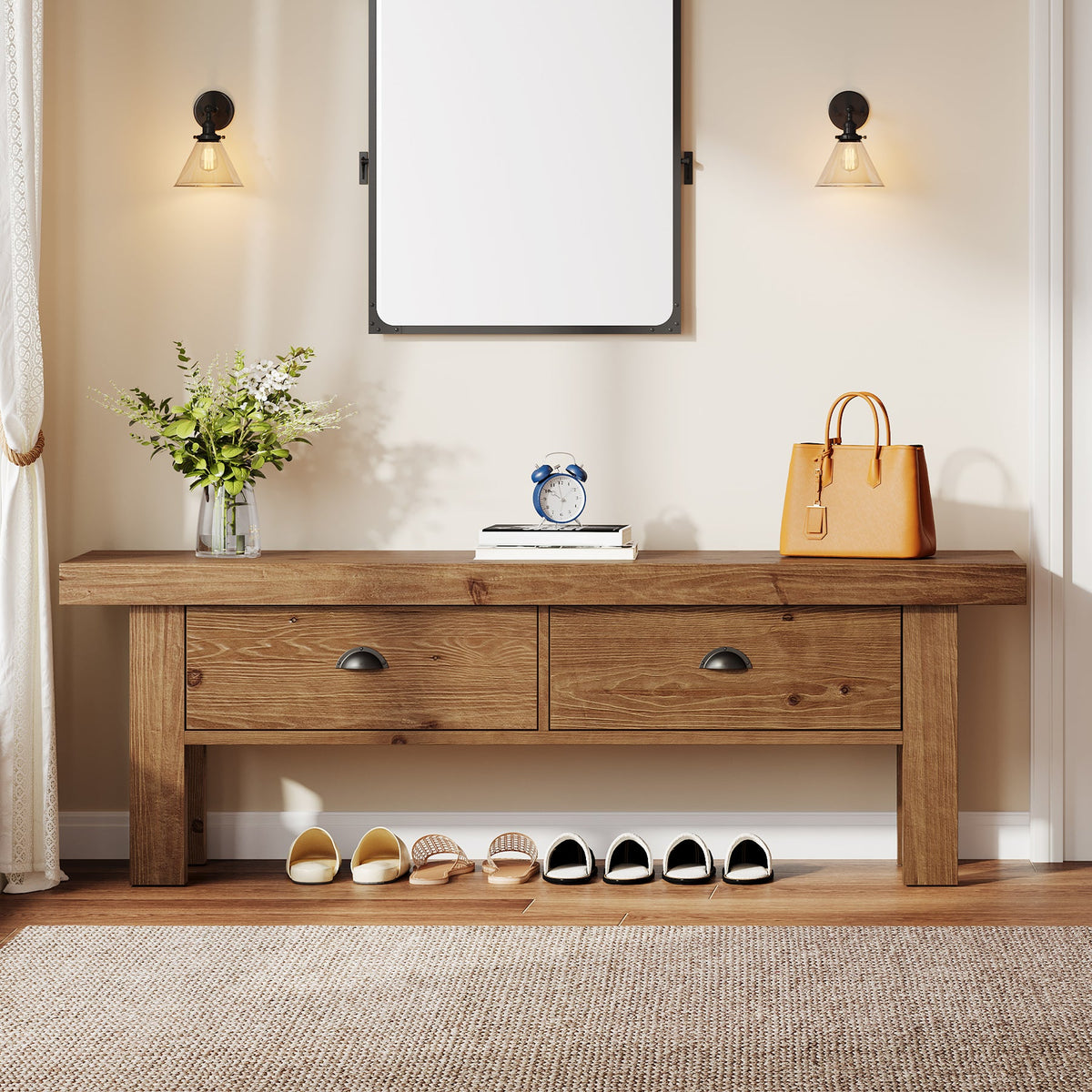 55 Inch Solid Wood Storage Bench with 2 Drawers, Farmhouse Entryway Seat for Hallway